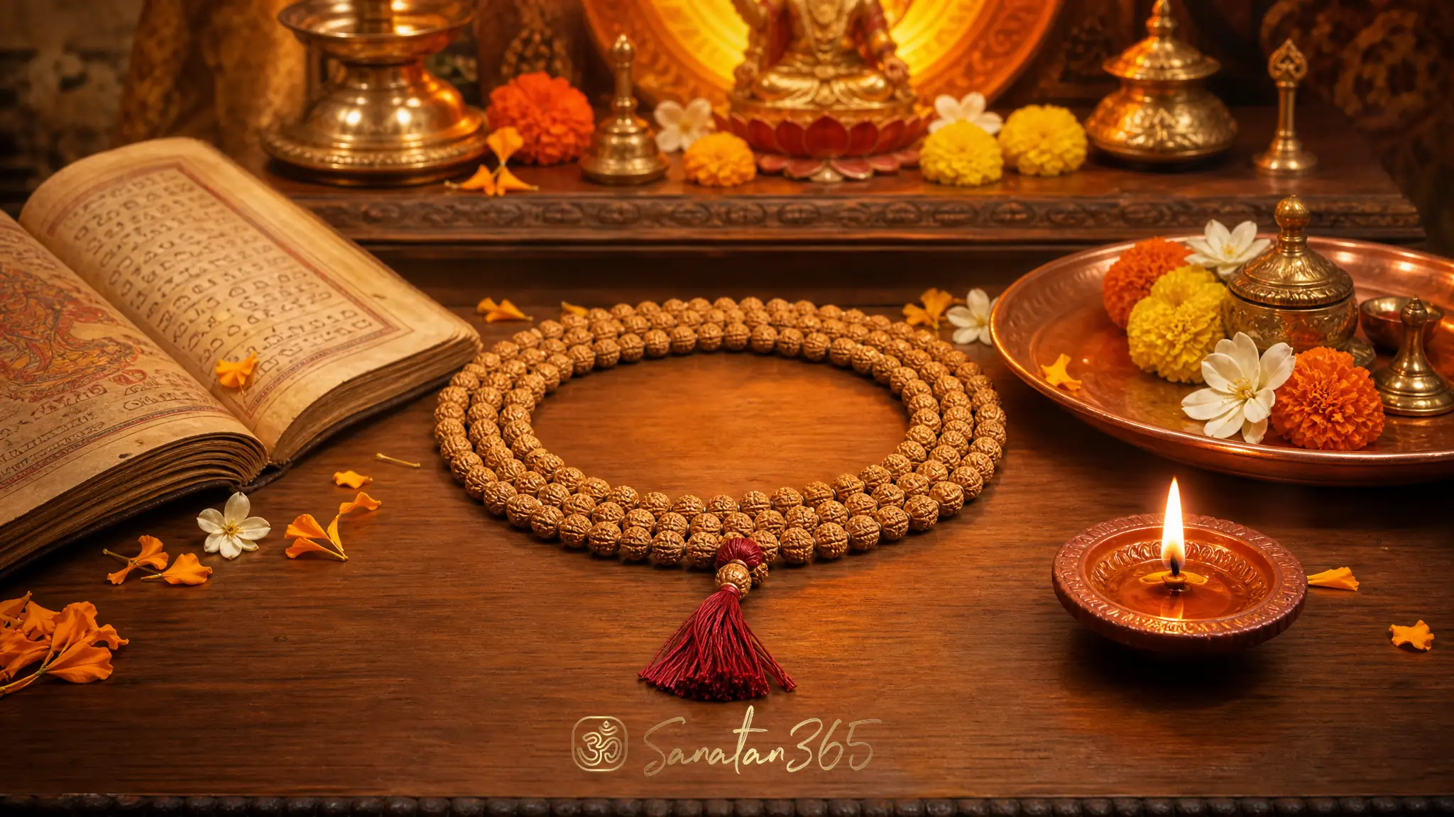 A 108-bead japa mala beside a diya, marigolds, and a Sanskrit manuscript for Hindu mantra practice