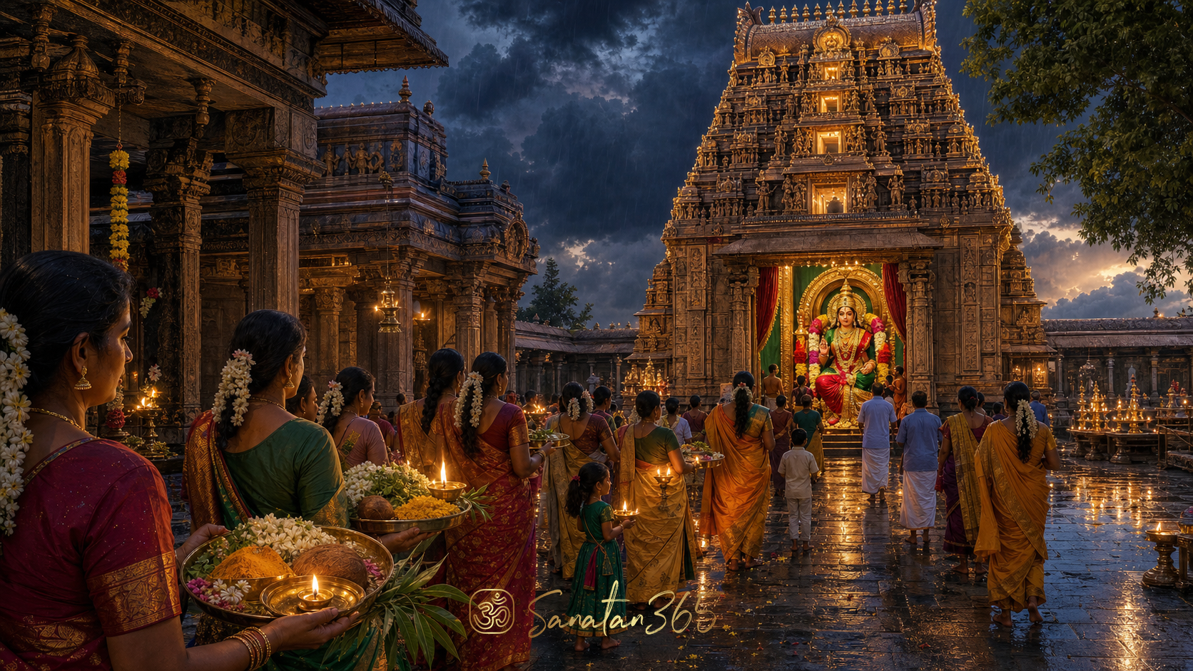 Tamil devotees offer lamps and flowers before an Amman shrine during Aadi Velli