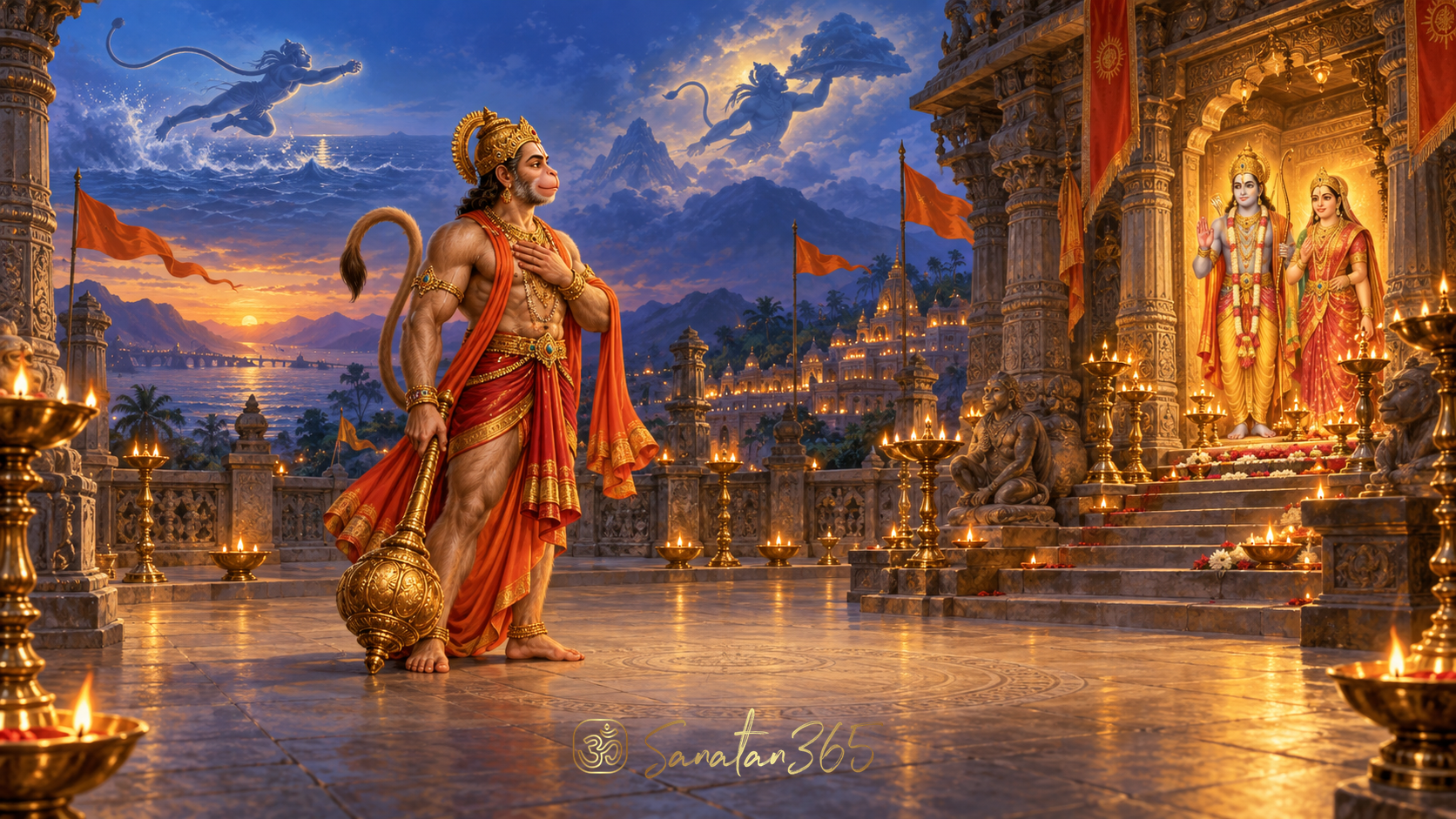 Painterly Lord Hanuman in humble devotion before Rama and Sita amid glowing aarti lamps