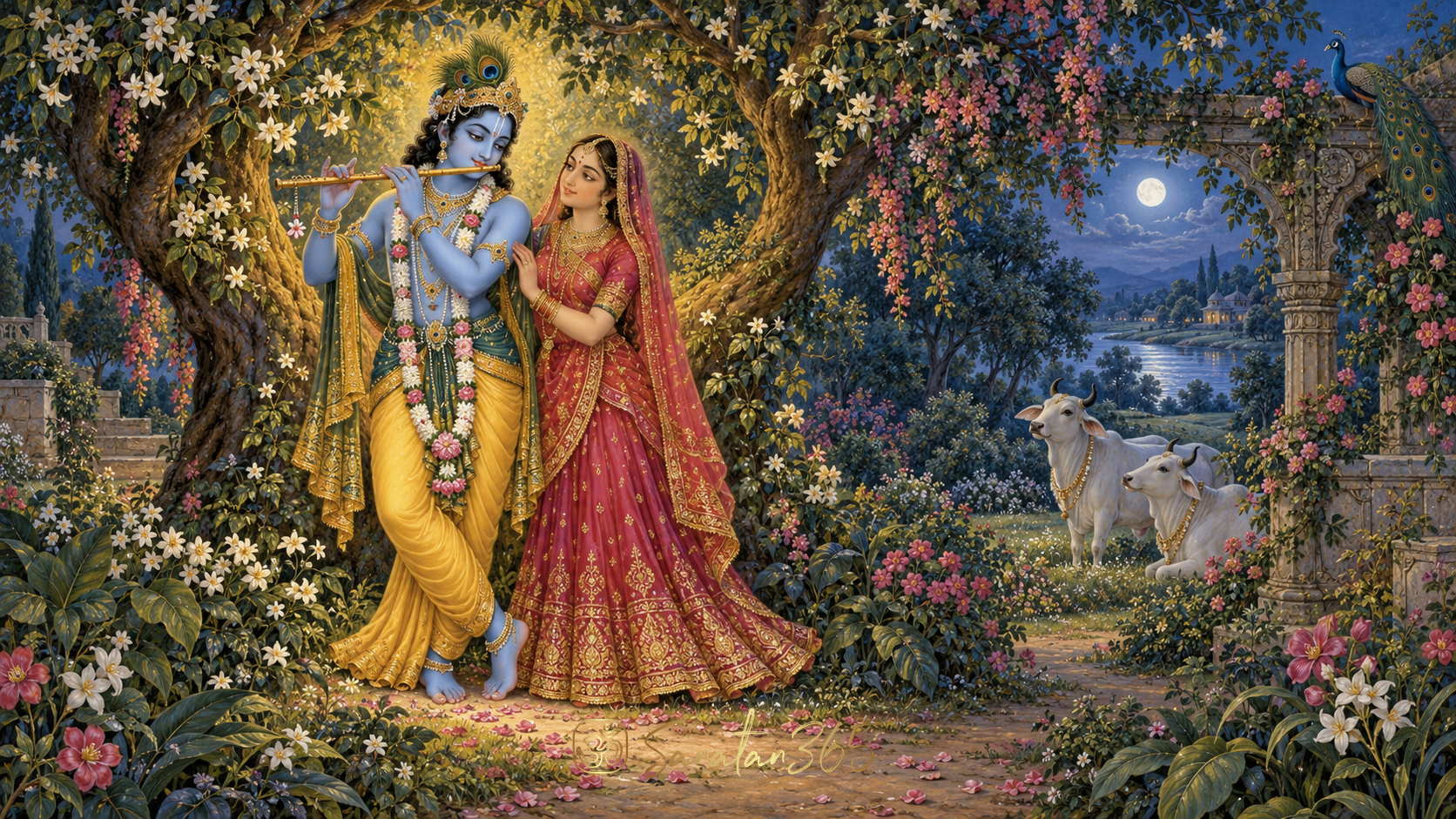 Painterly devotional illustration of Krishna with flute and Radha in a luminous flowering grove of Vrindavan.