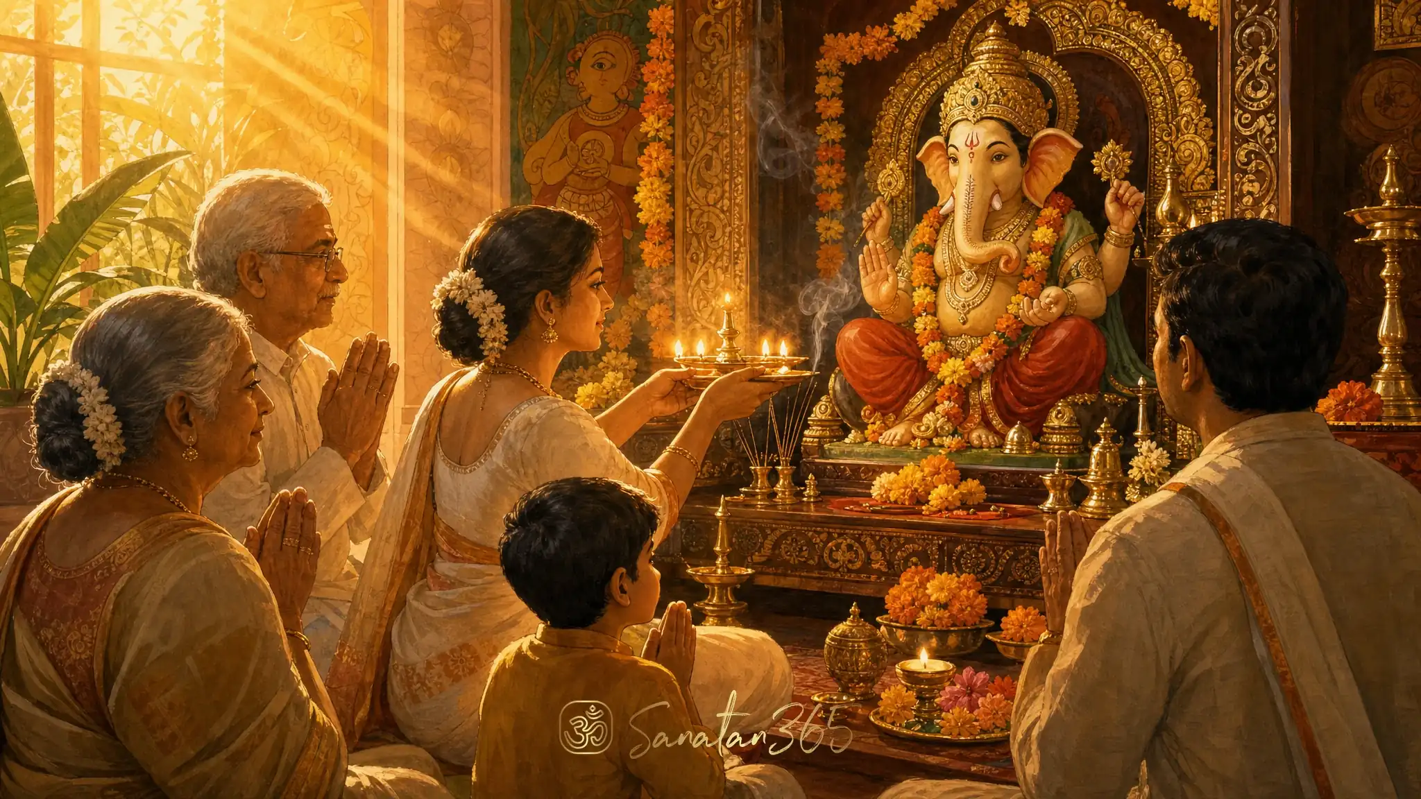 A Hindu family offering a brass aarti lamp before a Lord Ganesha murti at a home altar