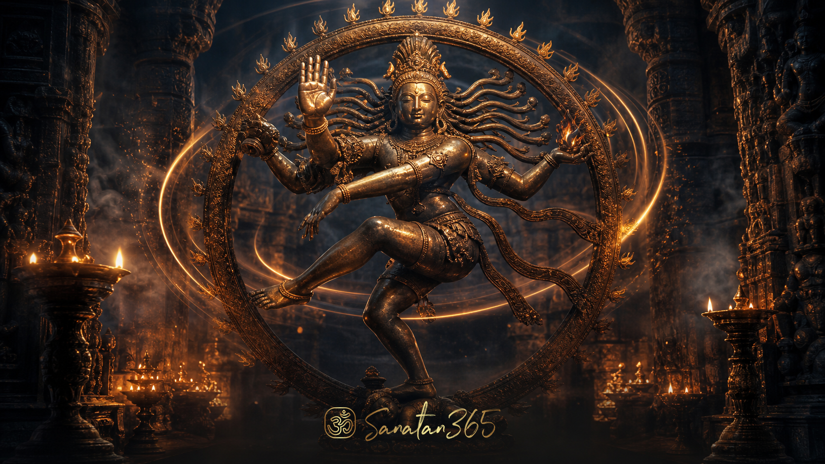 Sacred Nataraja-inspired bronze form raising an open palm in Abhaya Mudra amid temple lamps and cosmic rhythm