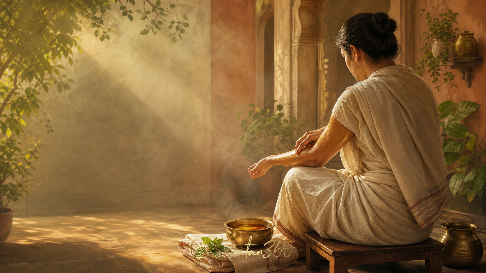 A person respectfully practising Abhyanga with warm oil in a sunlit Indian home courtyard