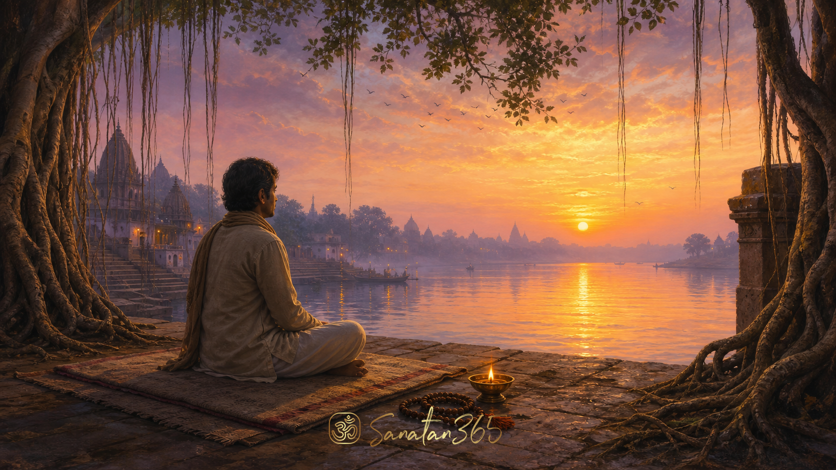 Meditator seated beside a river at dawn with a diya, mala, banyan roots, and distant temple silhouettes