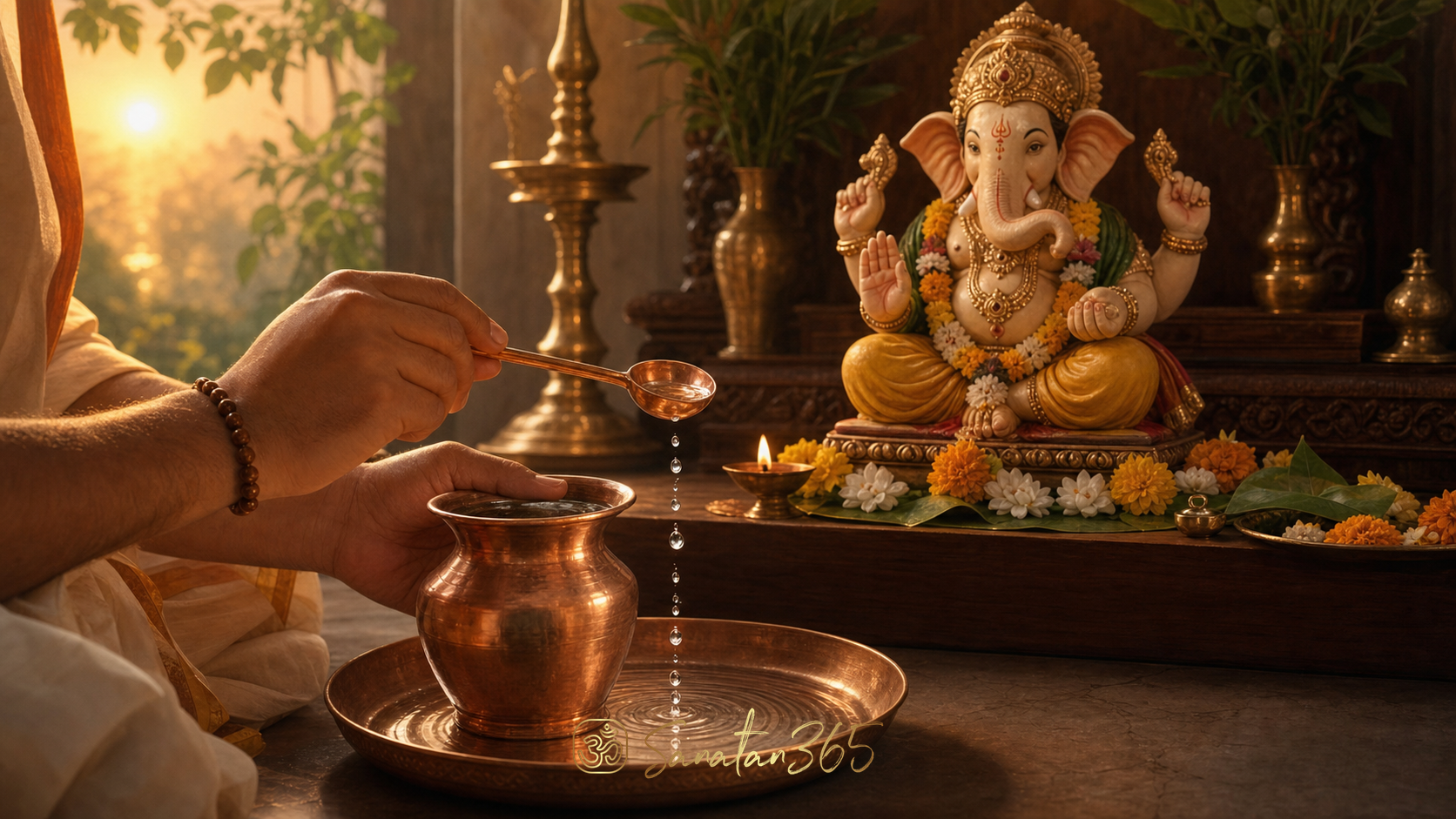 Devotee preparing Achamana with a copper spoon and water before a Ganesha home shrine