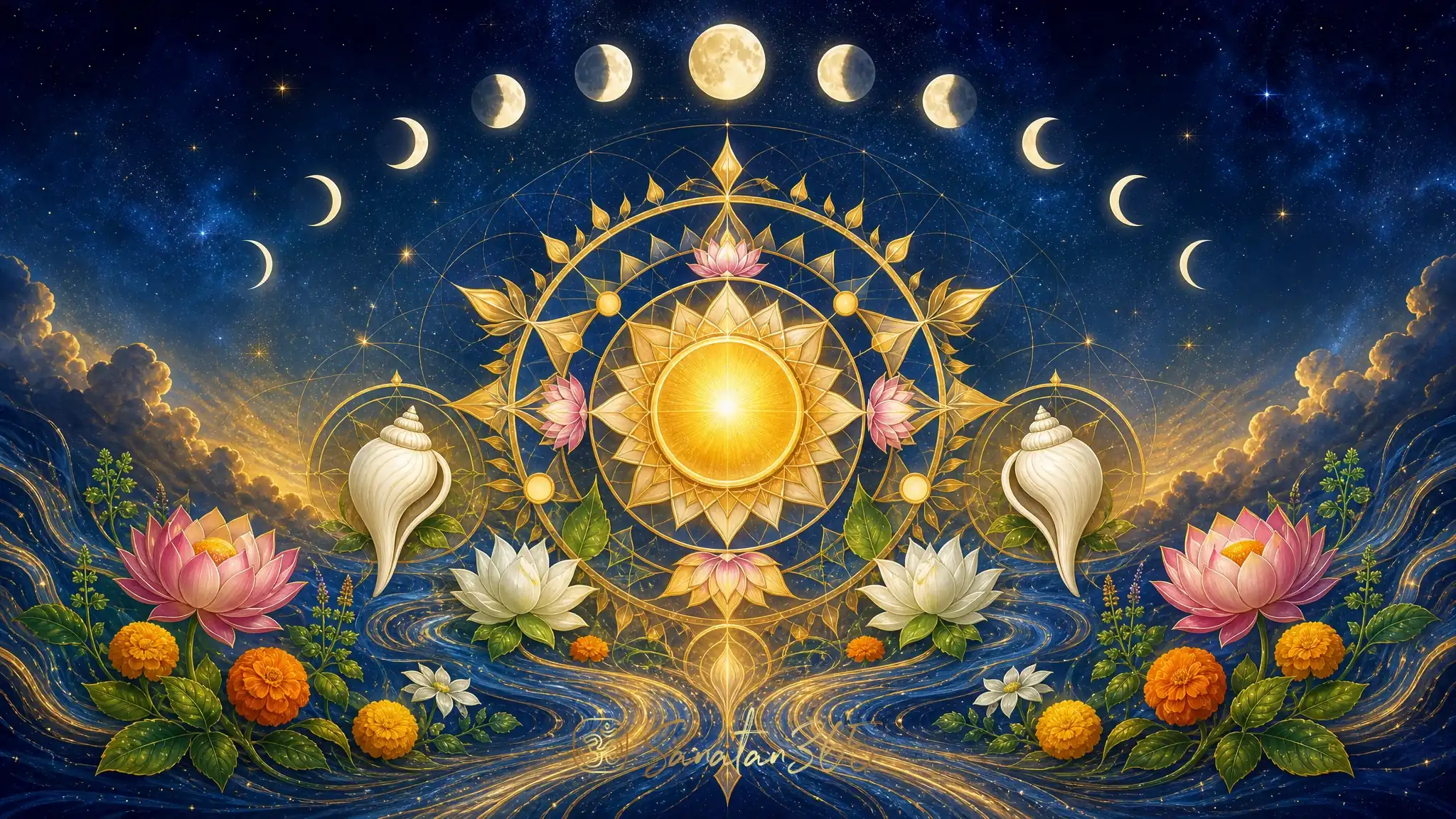Sacred geometry celestial mandala with moon phases, conch, lotus, tulsi, and golden Vishnu symbolism for Adhik Maas