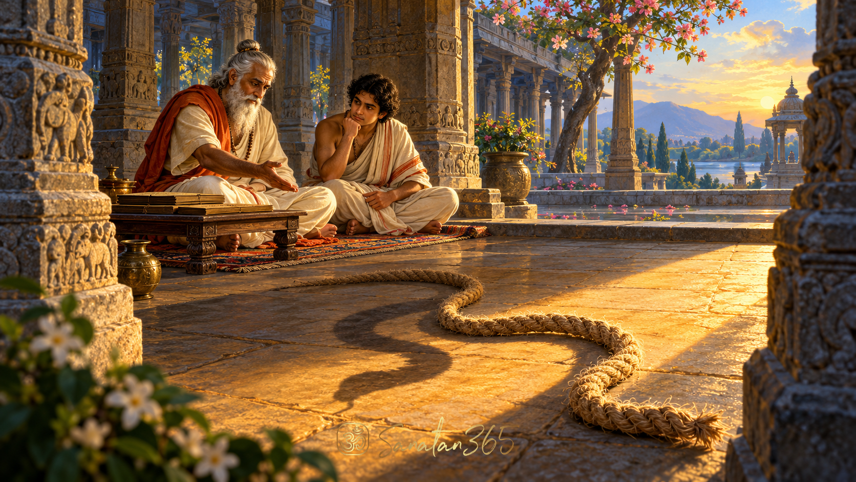 Painterly teaching pavilion where dawn light reveals a coiled rope whose shadow had suggested a snake