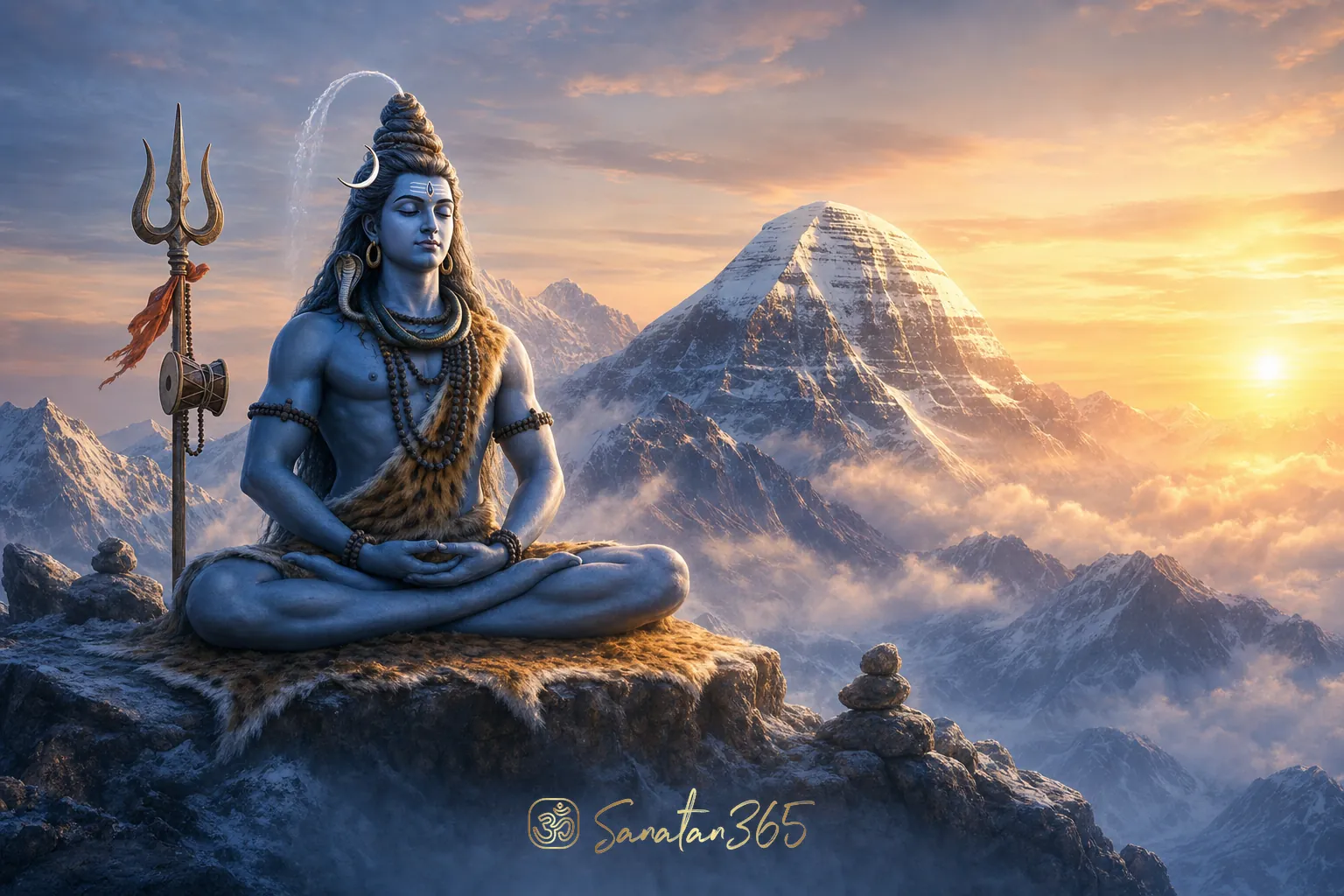Lord Shiva as Adiyogi seated in meditation in the Himalayas