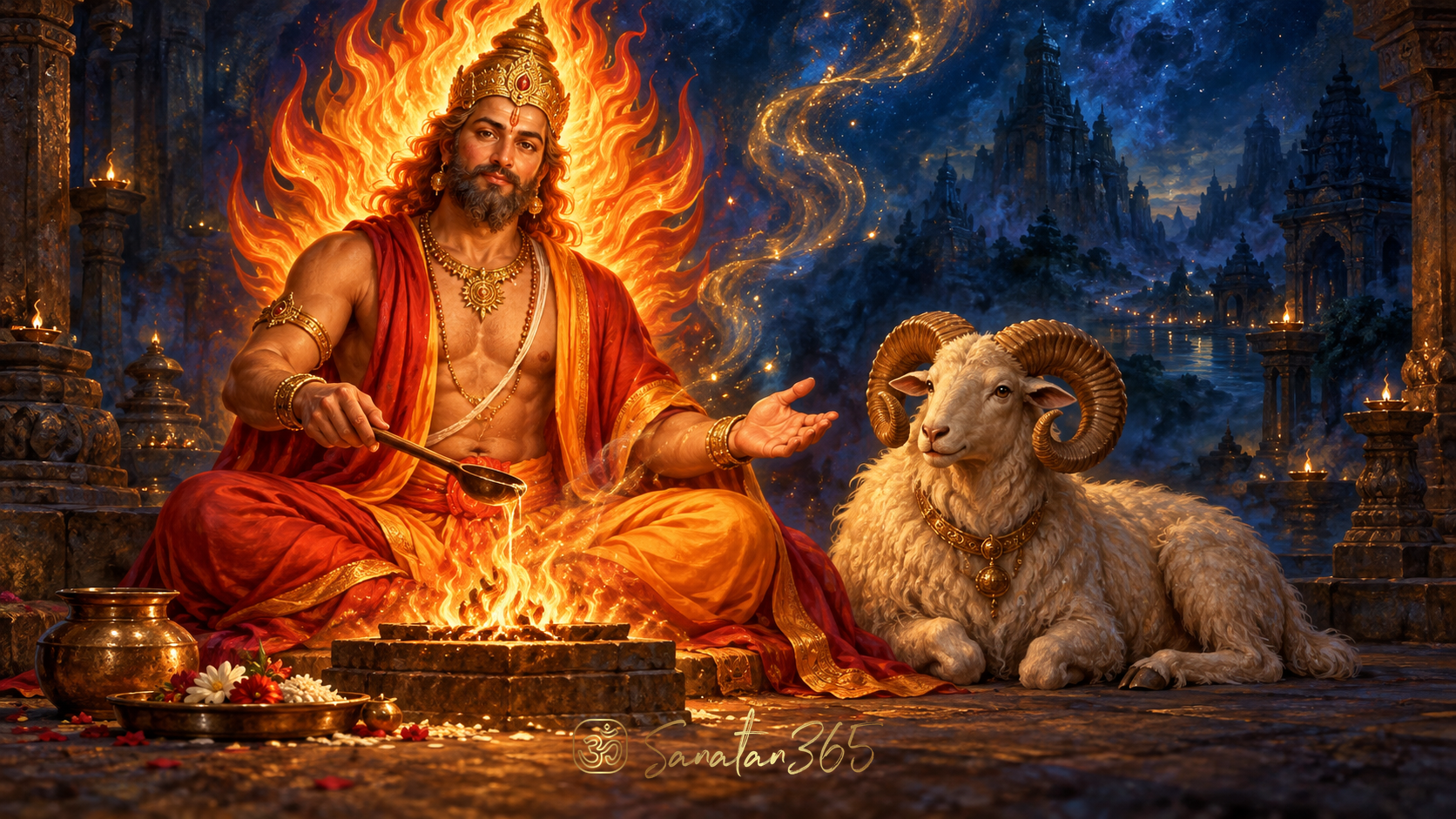 Painterly depiction of Agni with a radiant flame aureole and a ram, evoking his Vedic role as divine priest and messenger.