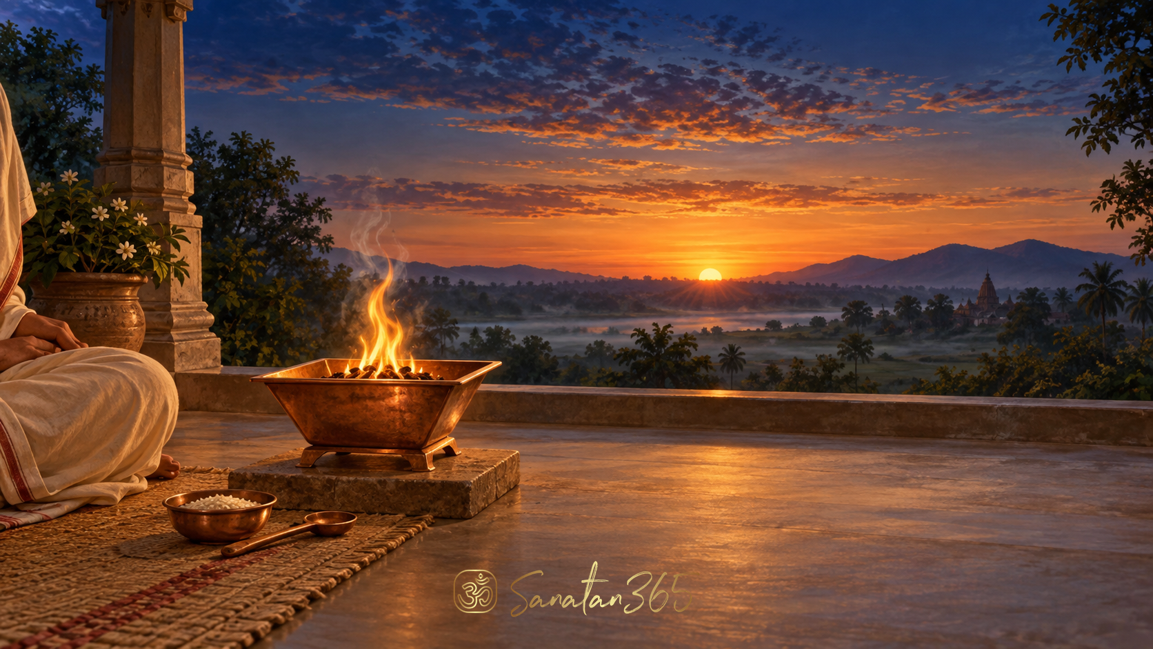 A sacred Agnihotra fire glowing at sunrise beneath an indigo and gold sky