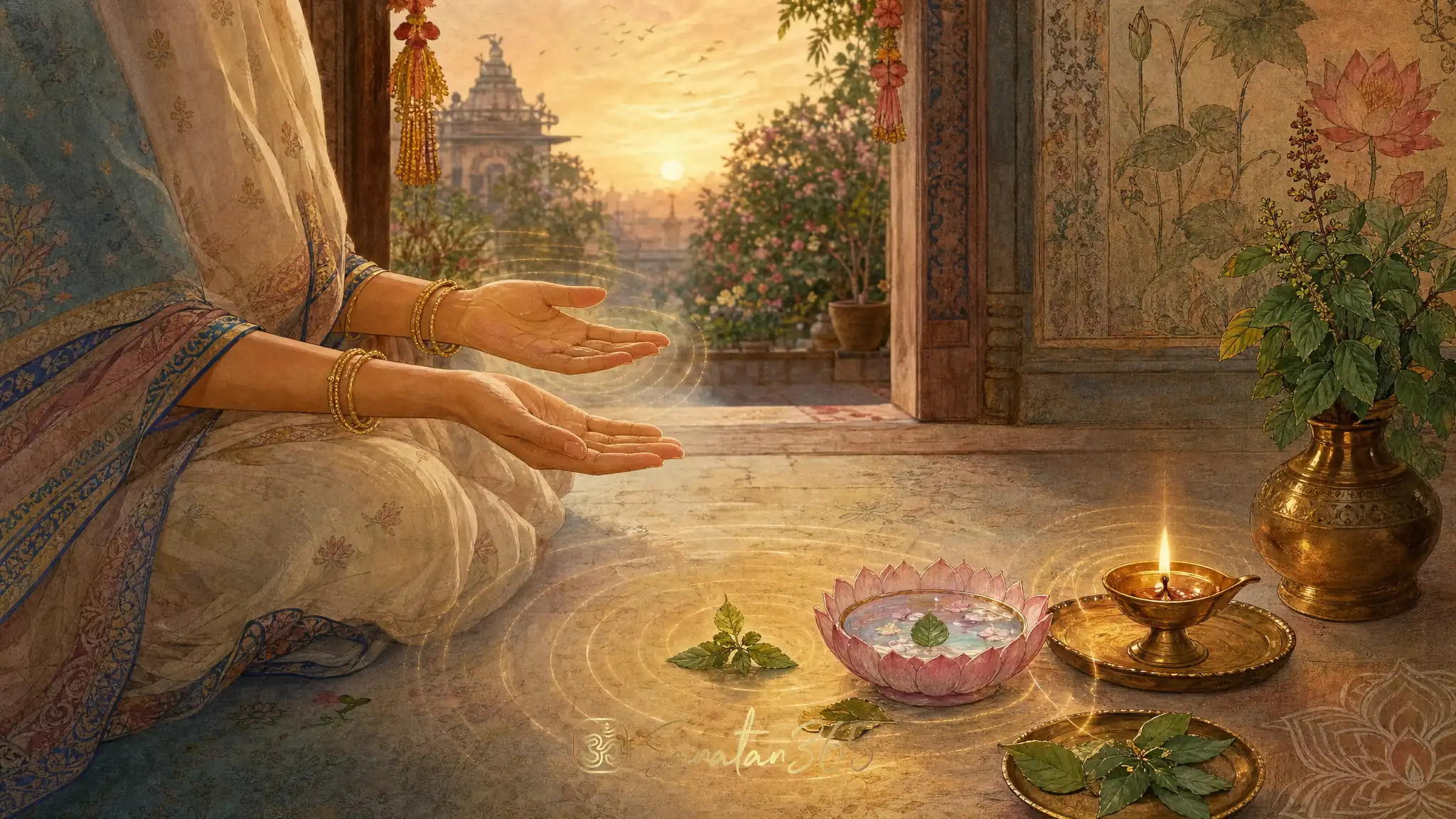 A calm devotional illustration of ahimsa with a diya, lotus, tulsi leaves, and open hands at a peaceful home threshold