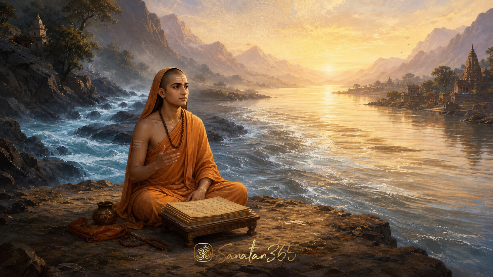 Painterly Adi Shankaracharya teaching beside two river currents joining in calm dawn light