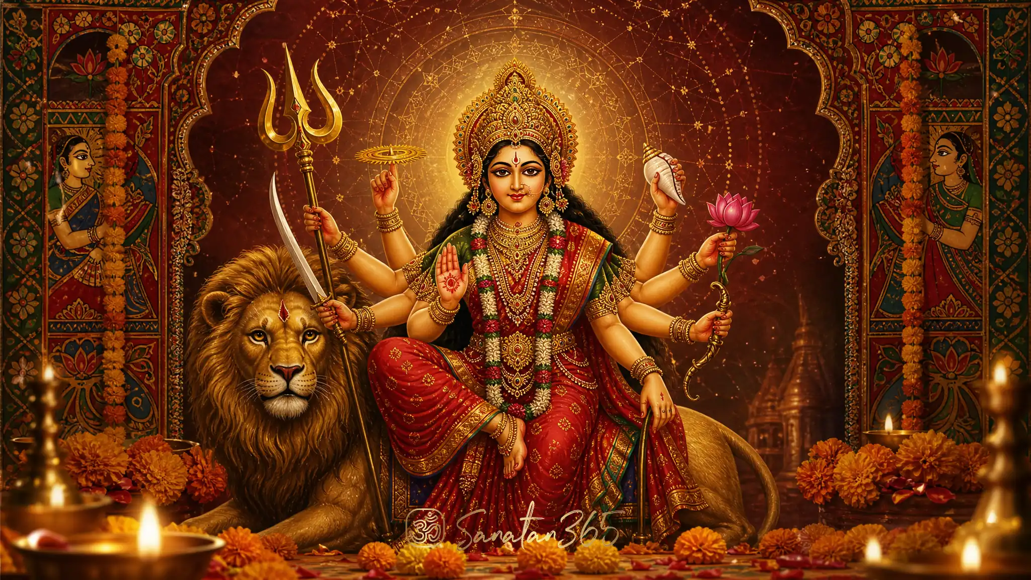Goddess Durga with a lion in warm temple light symbolizing courage, protection, and Shakti
