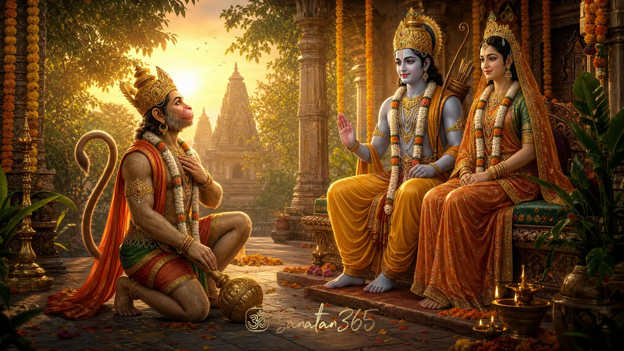 Painterly devotional image of Lord Hanuman kneeling before Lord Rama and Sita with humility, courage, and warm temple light
