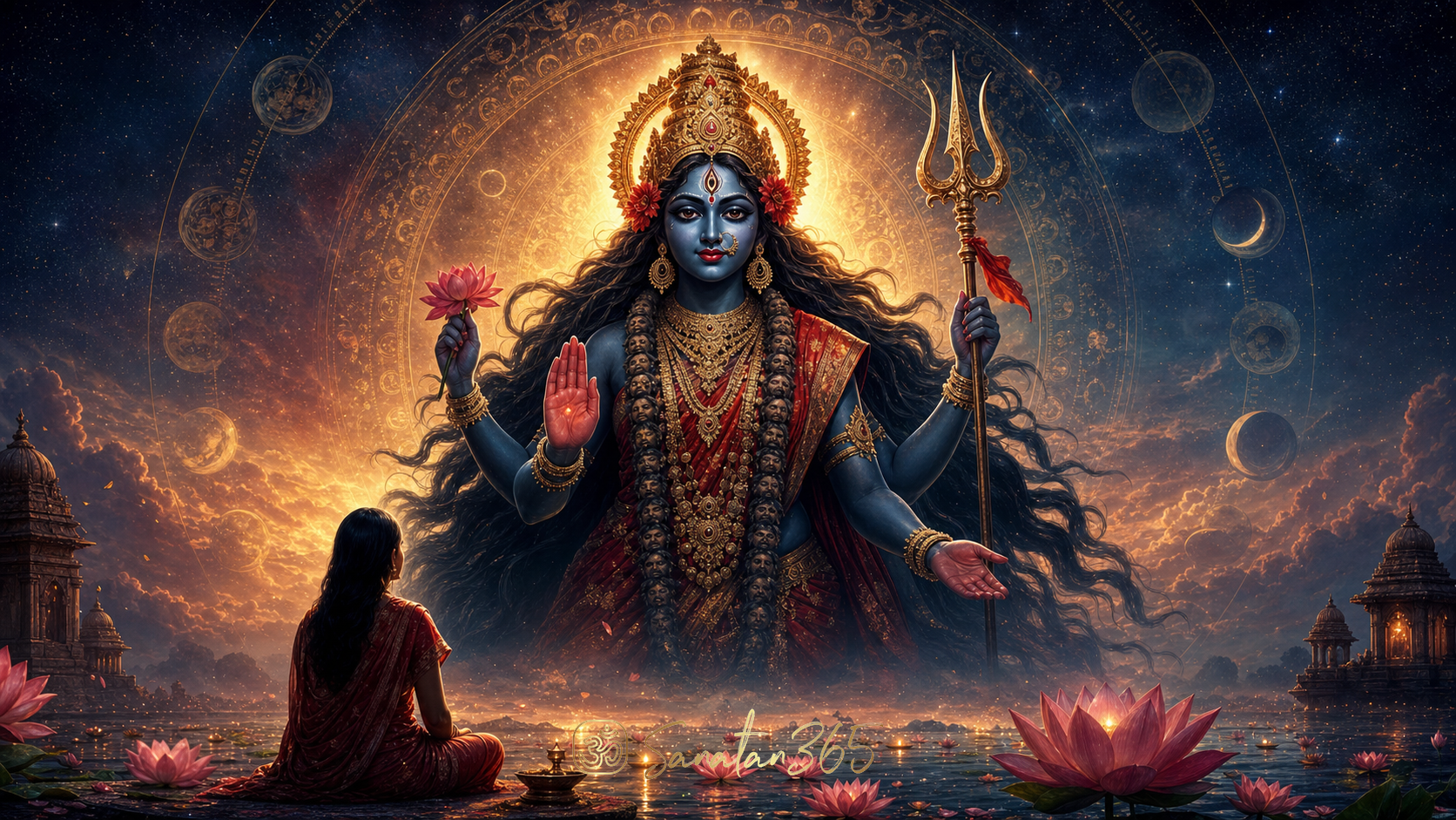 Respectful devotional artwork of Goddess Kali as fierce Divine Mother with a devotee in reflection