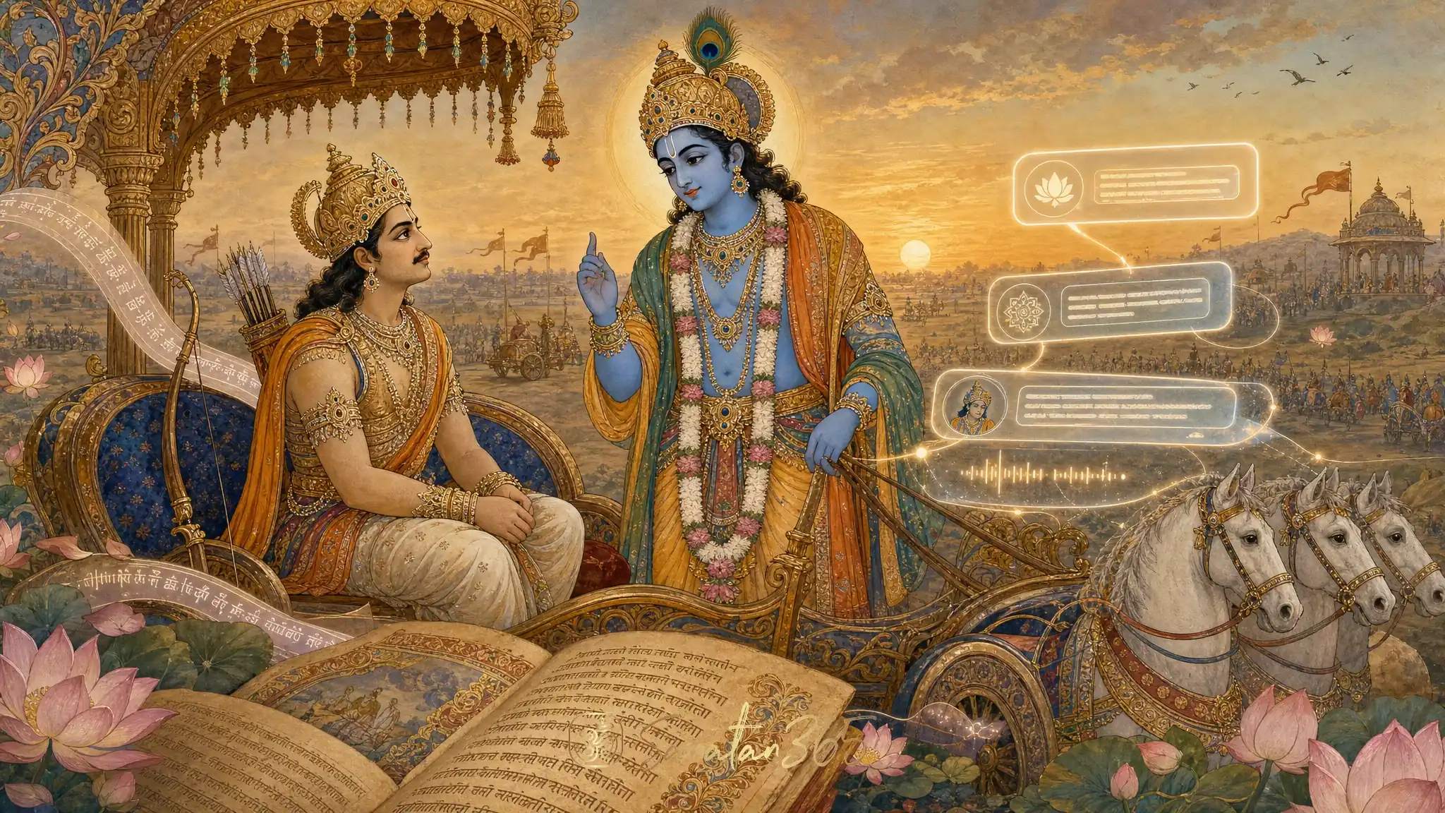 Lord Krishna guiding Arjuna beside a chariot with scripture and a subtle AI conversation motif