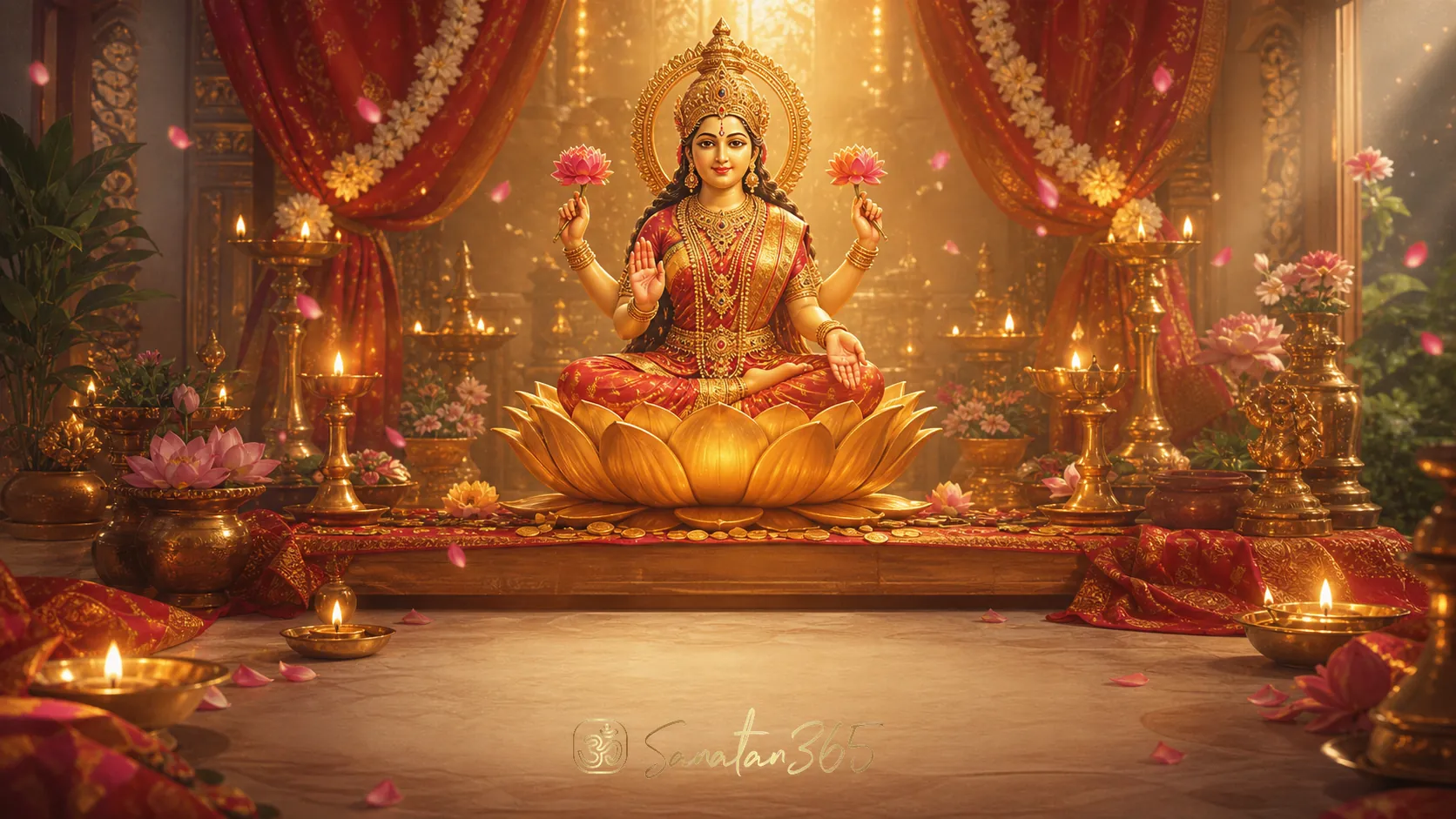 A respectful Goddess Lakshmi devotional altar with lotus, lamps, and symbols of prosperity