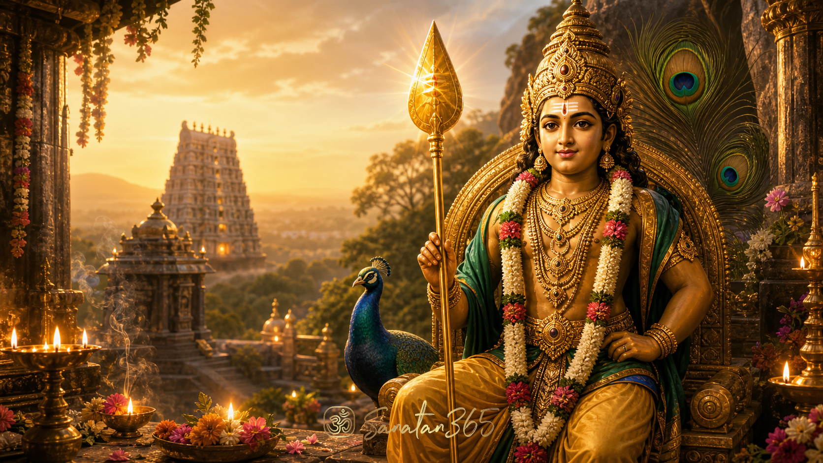 Lord Murugan murti with a radiant vel and peacock motifs in a Tamil temple-inspired devotional setting