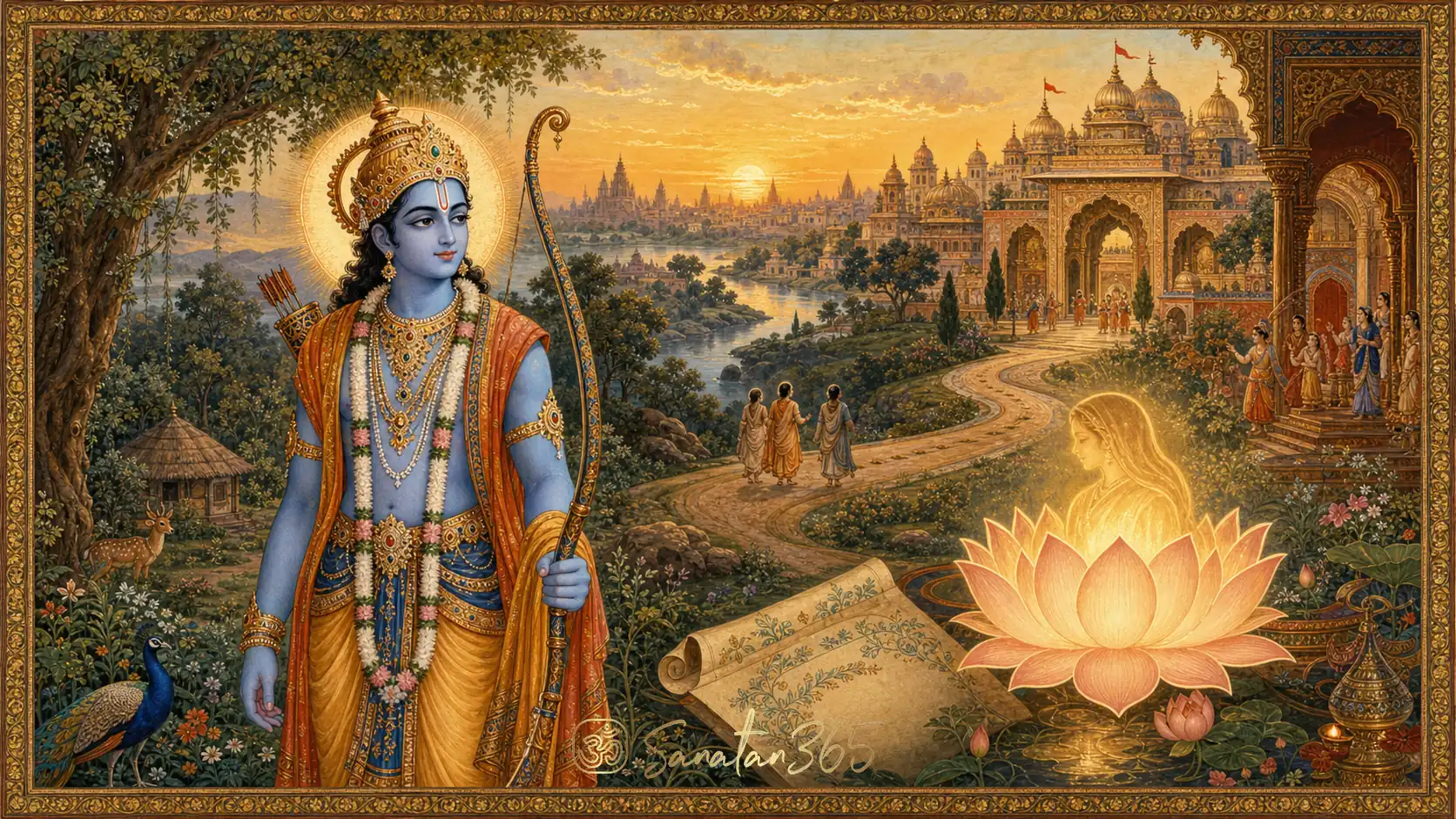 Lord Rama with bow in a warm devotional Rajput miniature style, symbolizing dharma and daily guidance.