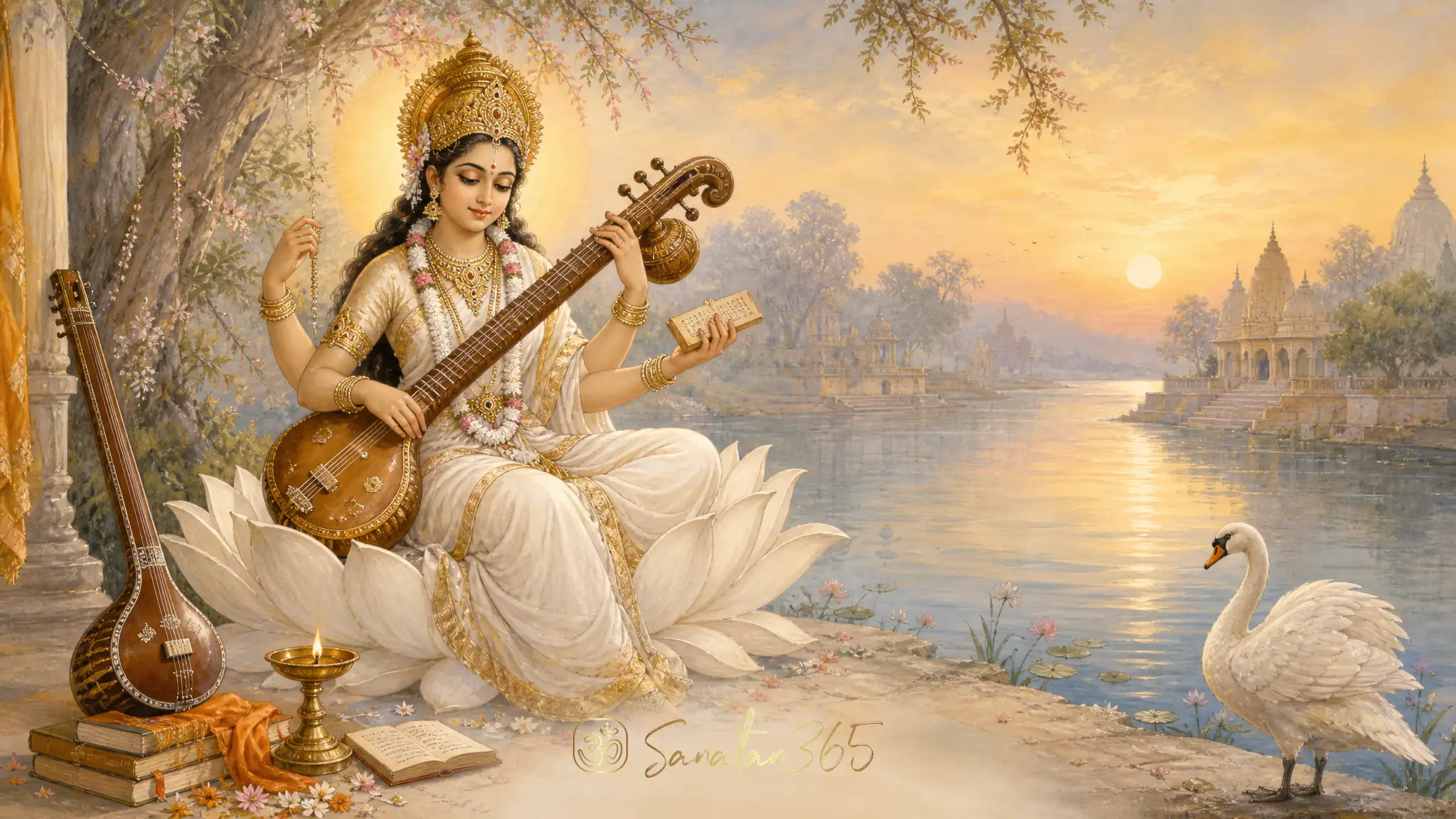 Bengal School devotional painting of Goddess Saraswati with veena, manuscript, swan, lotus, and books at dawn