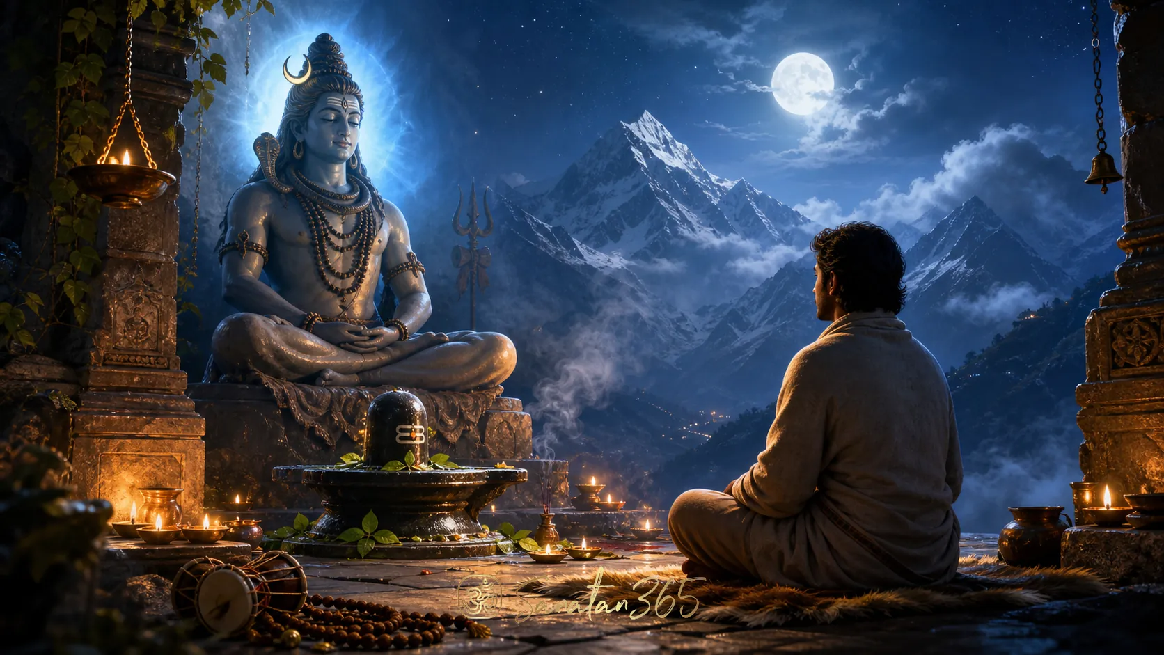 A reverent Sanatan365 blog hero showing Lord Shiva symbolism, meditation, and a seeker in quiet reflection