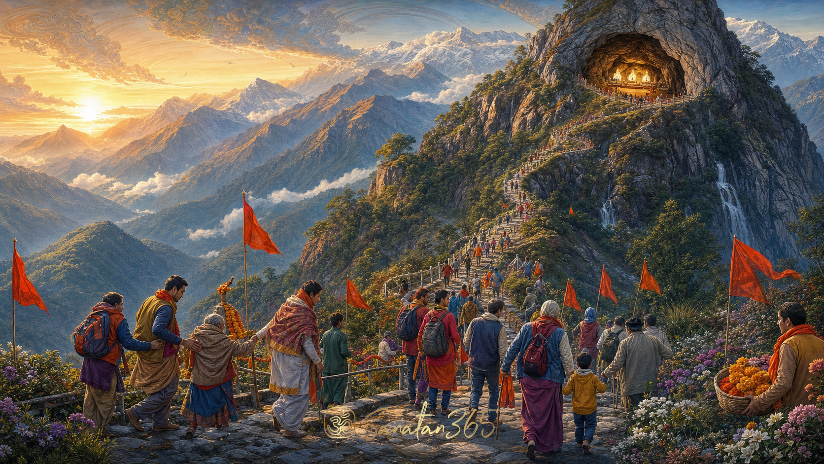 Pilgrims ascending the luminous Trikuta Hills toward Vaishno Devi's cave shrine under the Divine Mother's protective glow