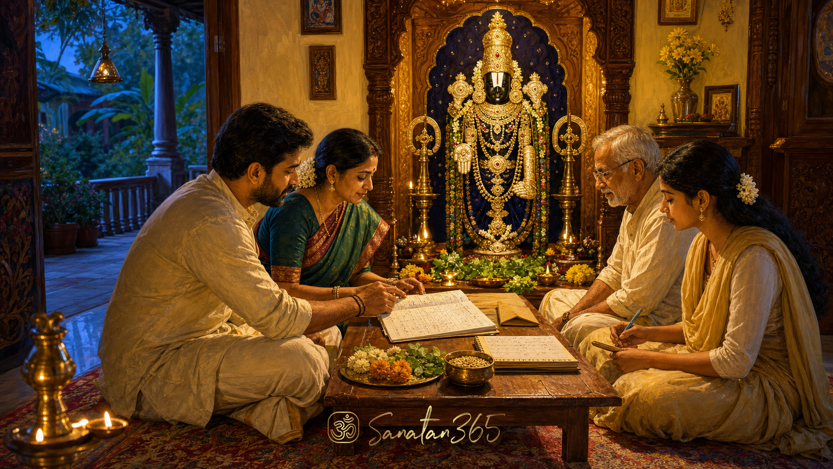 An intergenerational family reviewing a household ledger before a luminous Sri Venkateswara home shrine