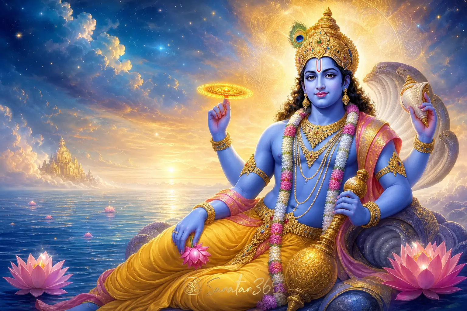 Lord Vishnu with conch, discus, mace, and lotus in a serene cosmic devotional setting