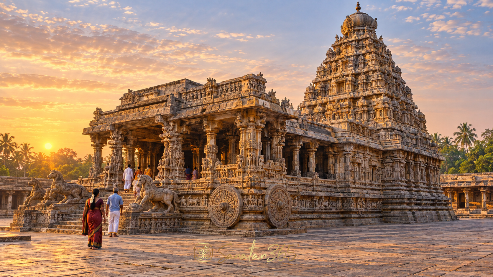 Warm dawn light on the carved stone architecture of Airavatesvara Temple at Darasuram