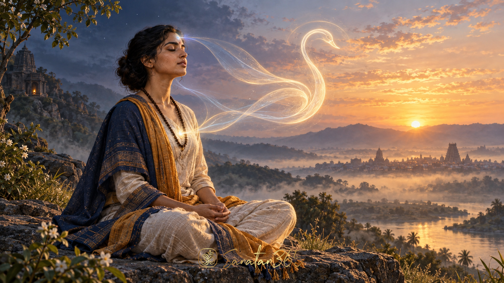 Meditating practitioner at dawn with luminous breath currents suggesting the hamsa mantra