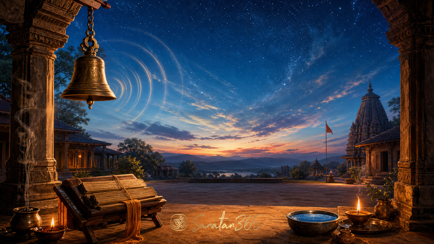 Open temple courtyard under a luminous sky with a bell, lamp, manuscripts, and subtle sound ripples symbolizing Akasha