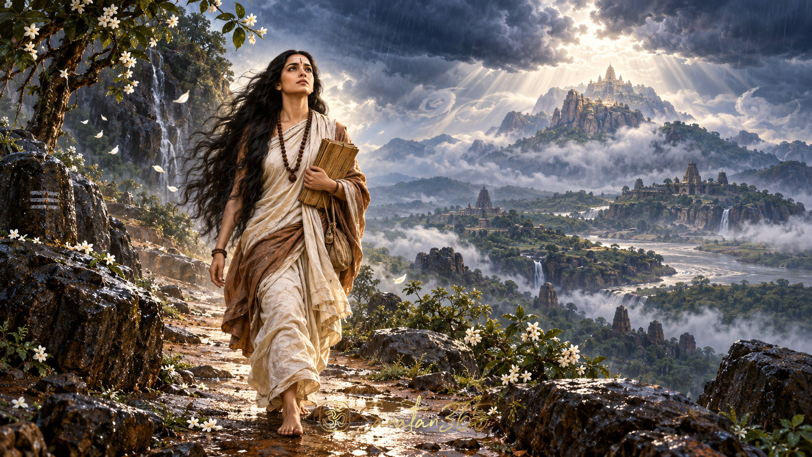 Painterly scene of Akka Mahadevi walking through the Deccan landscape in devotion to Chennamallikarjuna