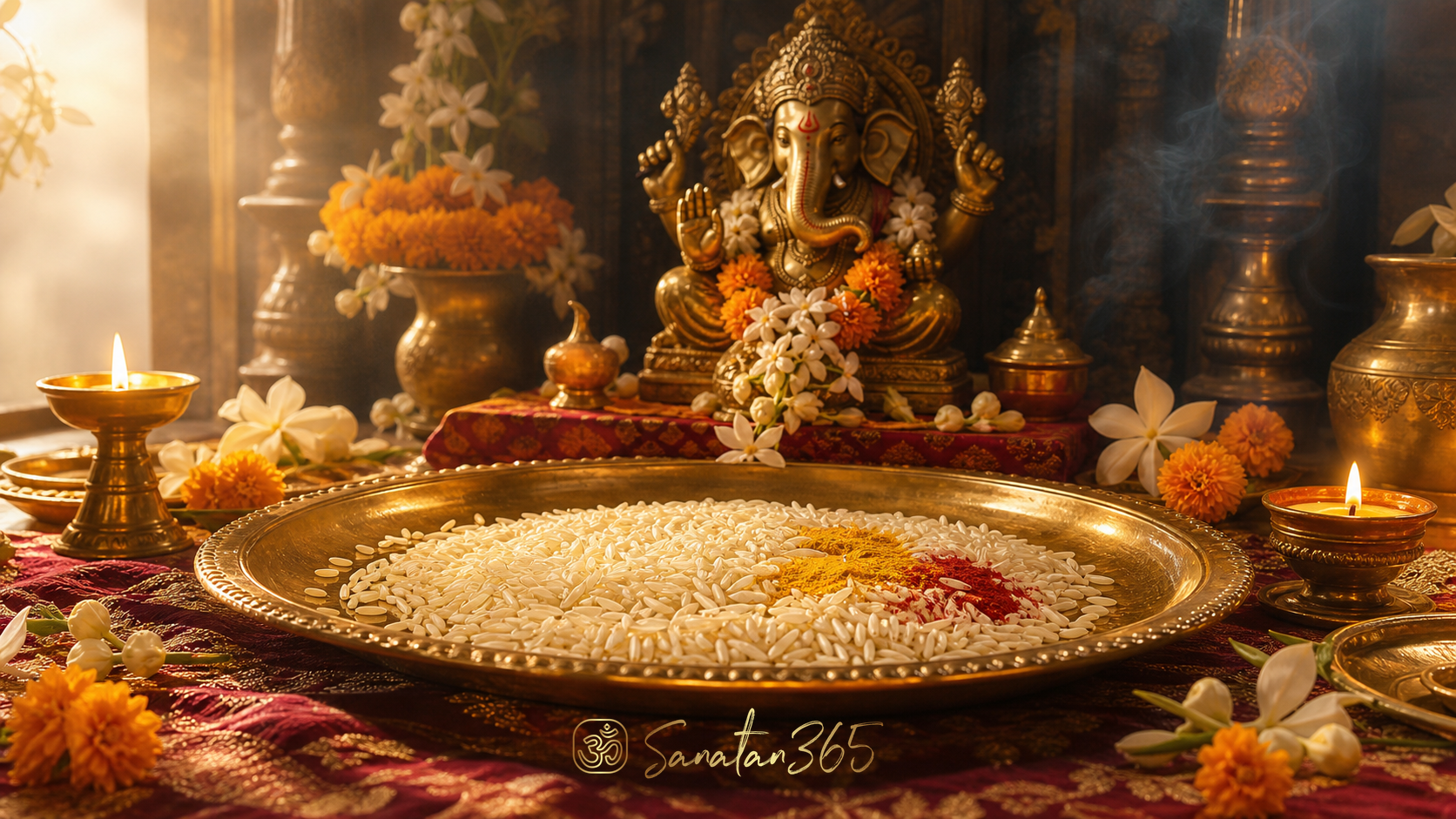 Whole Akshata rice with turmeric and flowers on a brass puja thali before a Ganesha murti