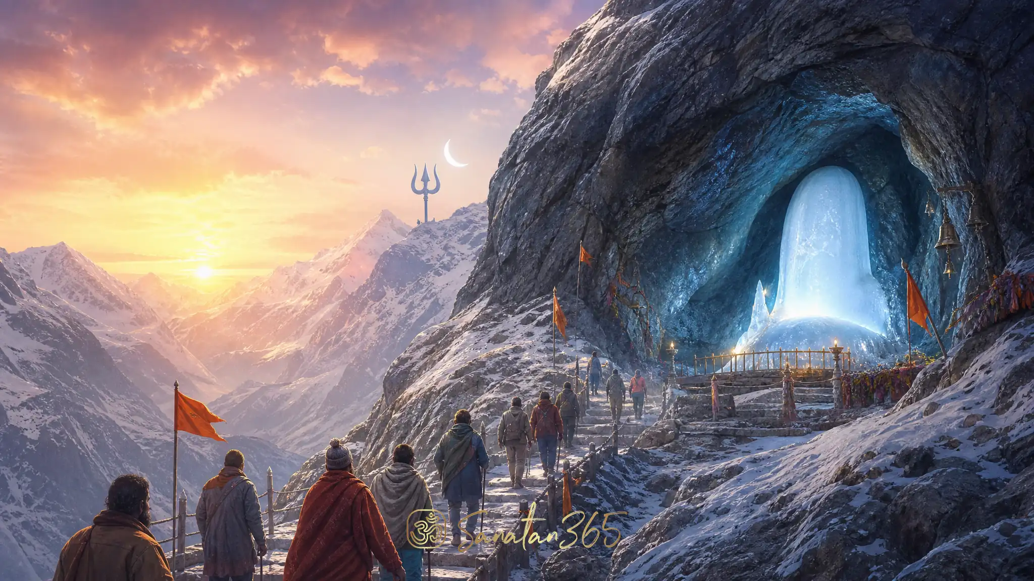 Pilgrims approaching the Amarnath cave shrine in the Himalayas with a luminous natural Shiva ice lingam inside