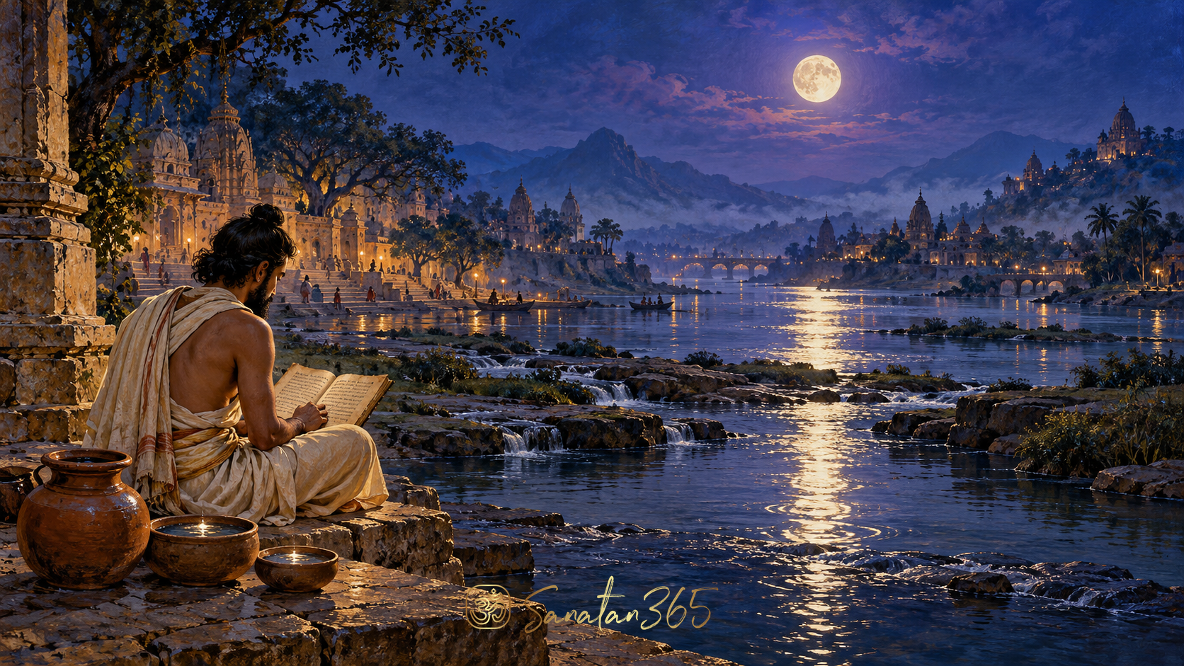 Painterly moonlit river with one moon reflected across connected pools beside a seeker studying a manuscript.