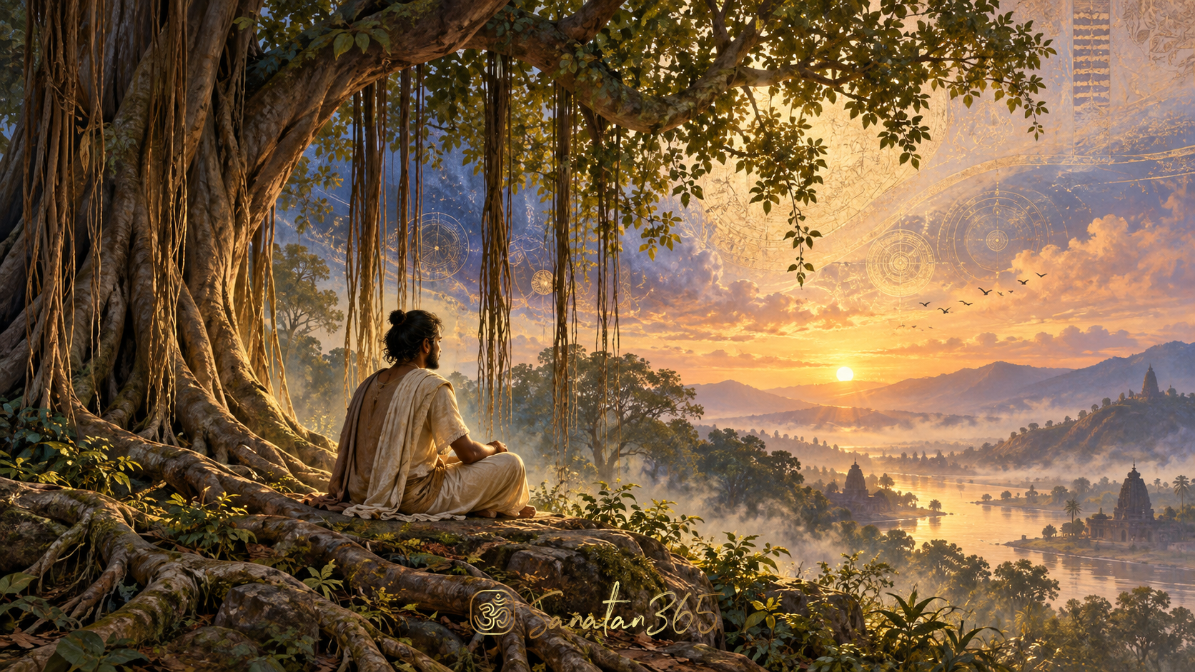 Contemplative figure beneath a banyan tree surrounded by luminous layers symbolizing Ananda