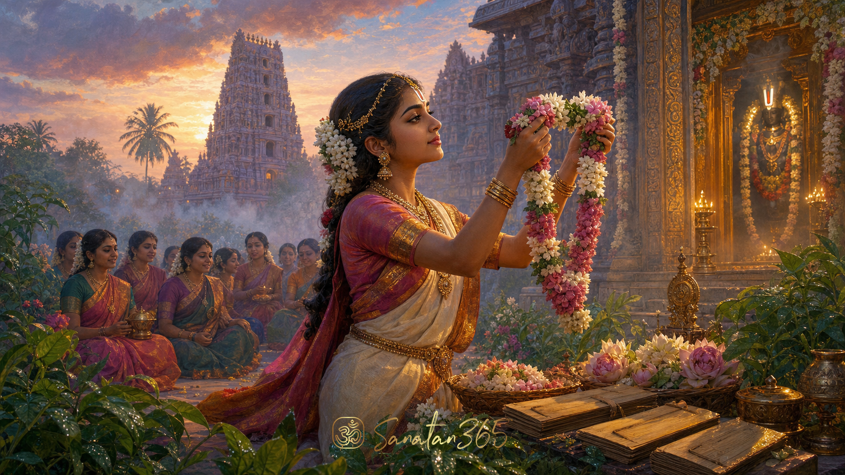Painterly scene of Andal holding a flower garland in a Tamil temple garden at dawn