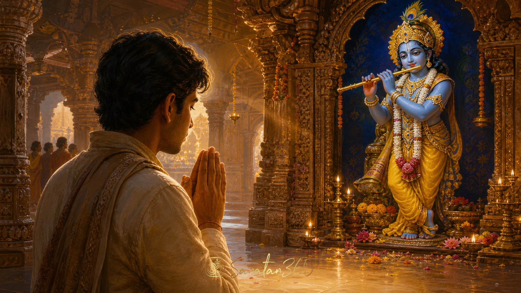 A devotee holds folded hands in Anjali Mudra before a luminous Krishna murti in a temple sanctum