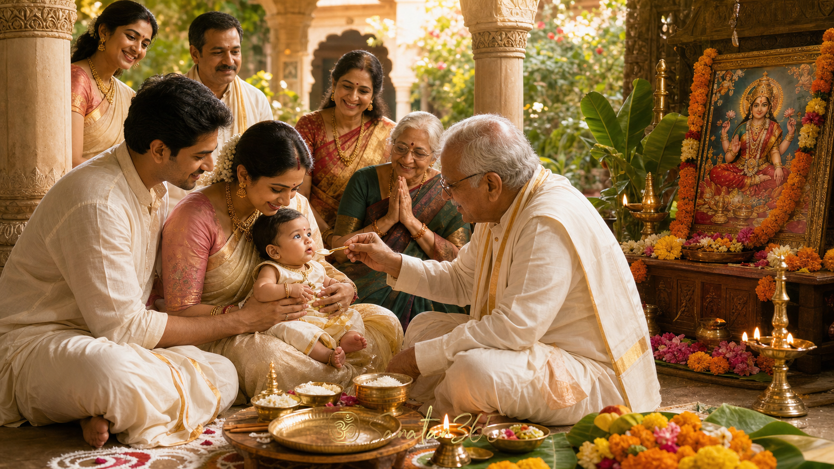 A Hindu family blessing a baby during an Annaprashana first food ceremony