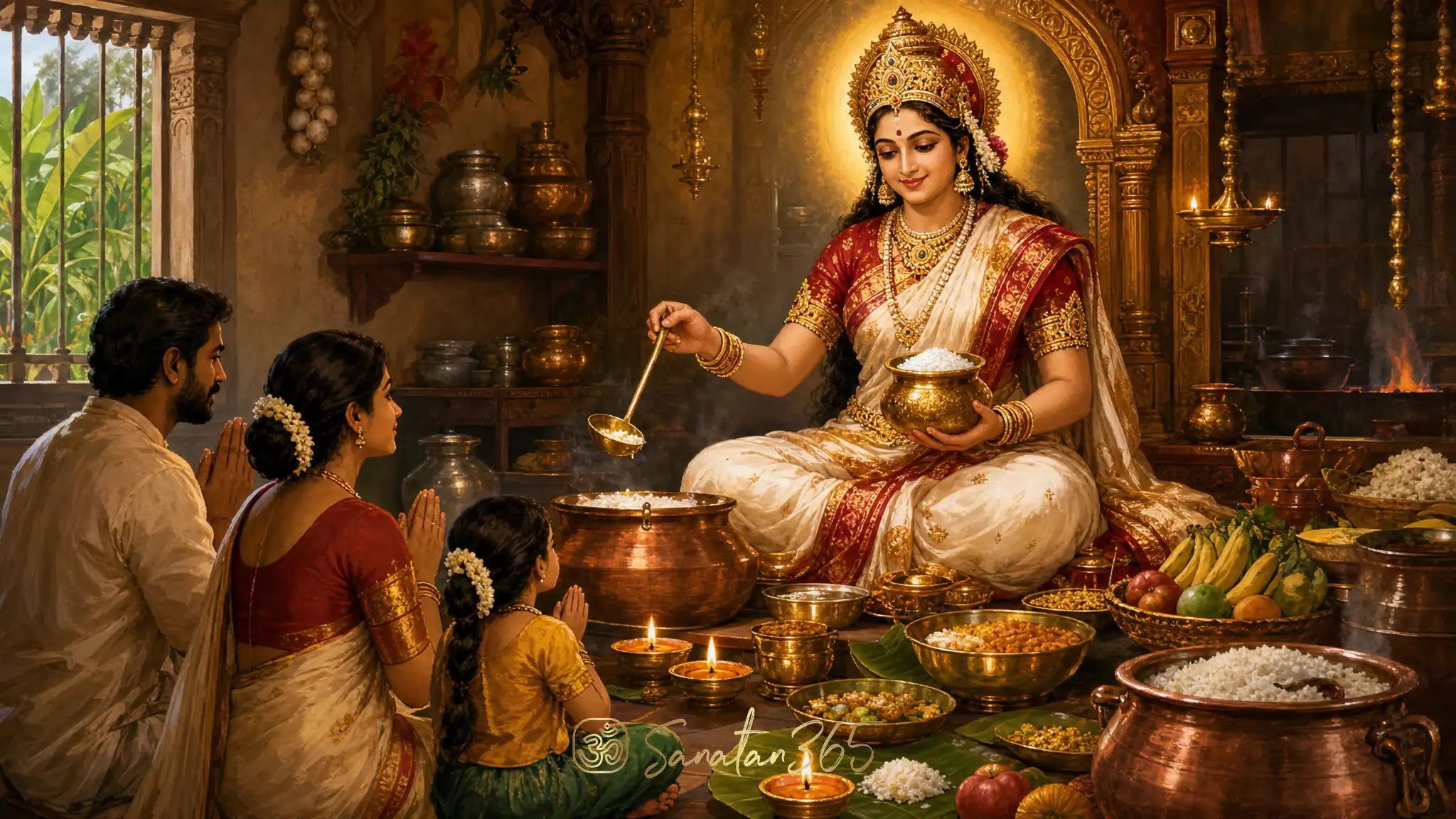 Goddess Annapurna offering food as prasad in a warm devotional temple kitchen scene