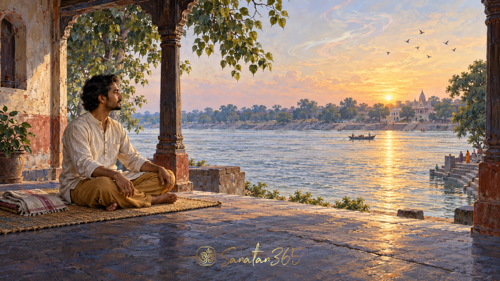 Painterly riverside meditation scene with a seated seeker, flowing water and spacious morning light evoking attentive inner silence.