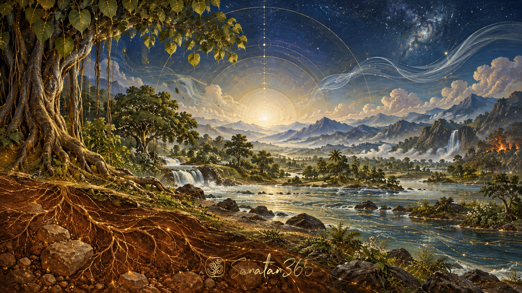 Upanishadic cosmic landscape suggesting Antaryamin, the unseen inner presence within nature and every being