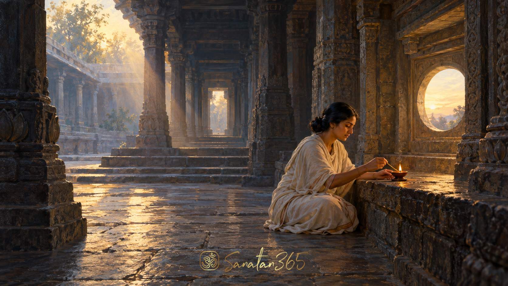 Painterly devotional scene of a person tending a lamp as dawn light enters a sacred space, symbolising effort and grace