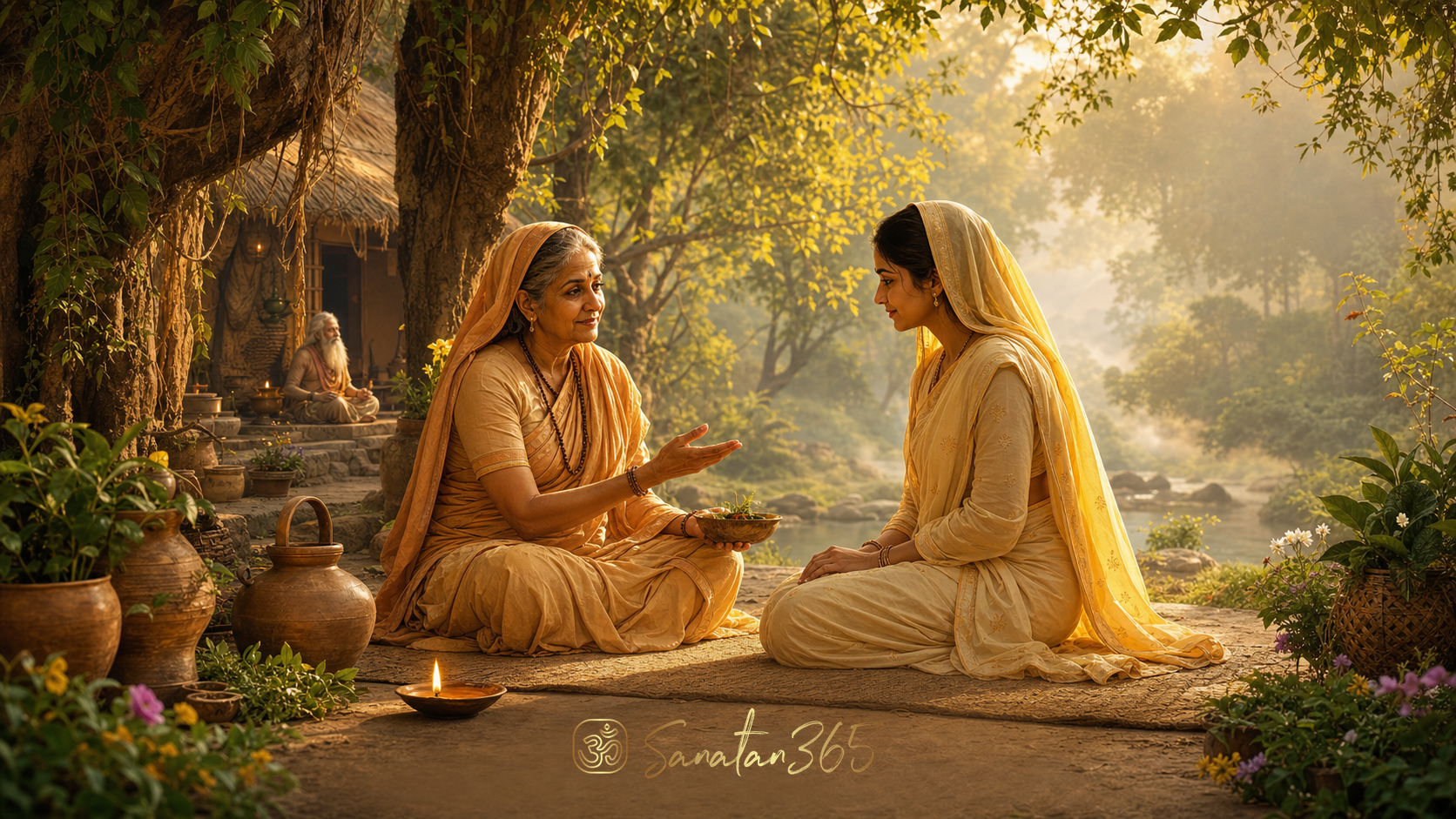 Painterly forest ashram scene of Anusuya warmly sharing wisdom with Sita
