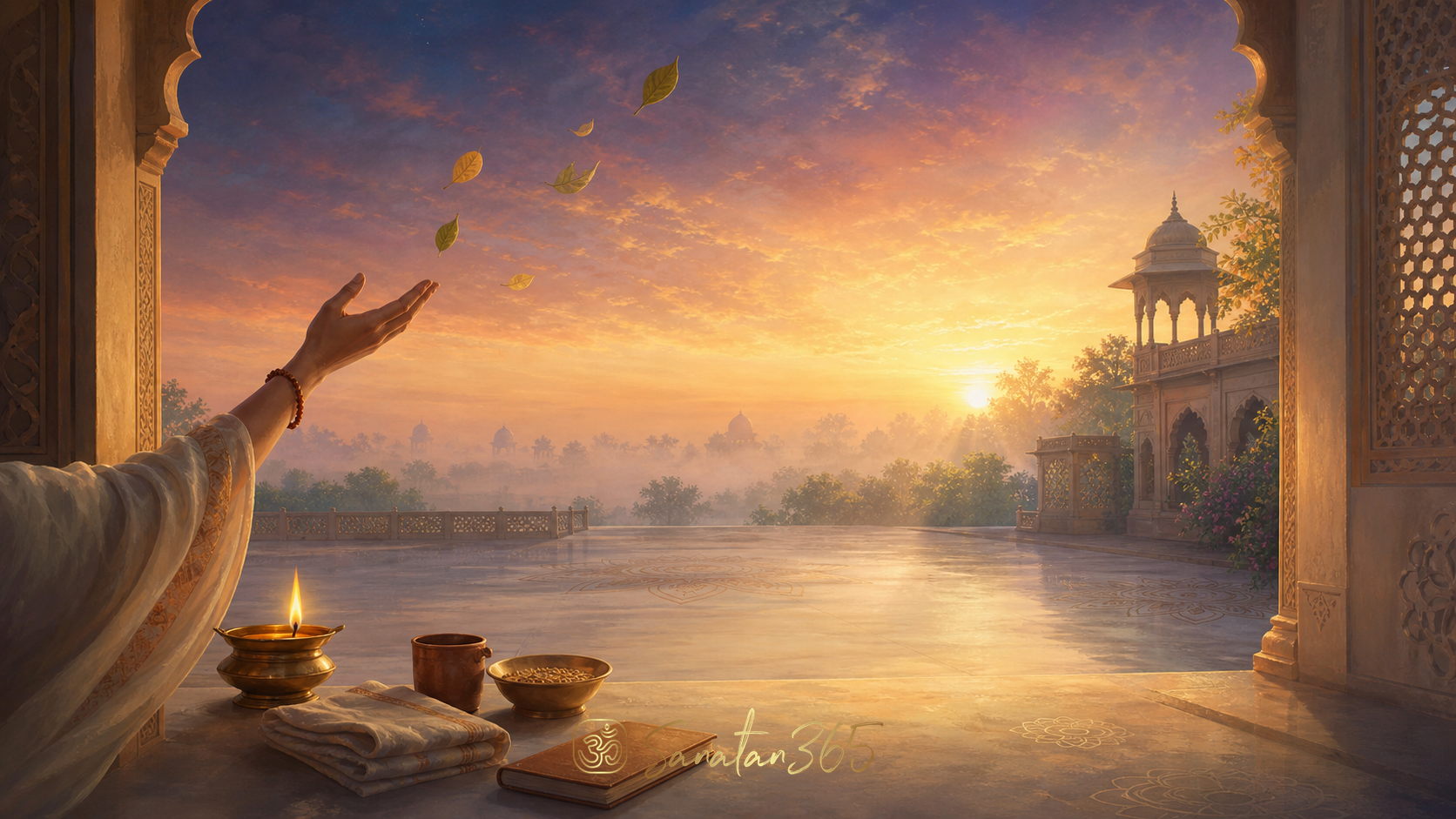 An open hand releases leaves into a luminous sky beside a simple Indian home, symbolizing Aparigraha and non-possessiveness