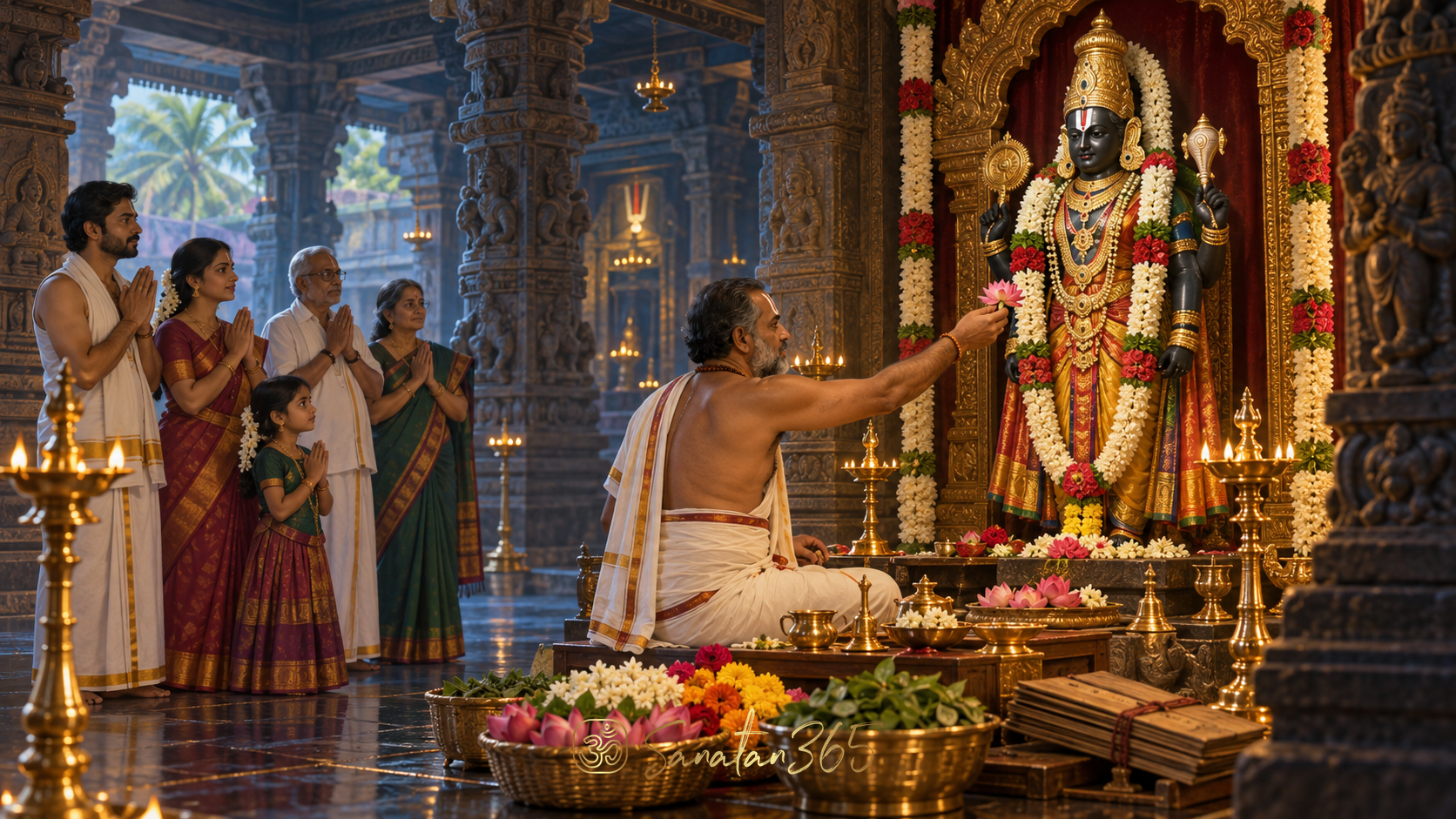 Priest offering flowers before an adorned Vishnu murti during Archana Puja as a family prays