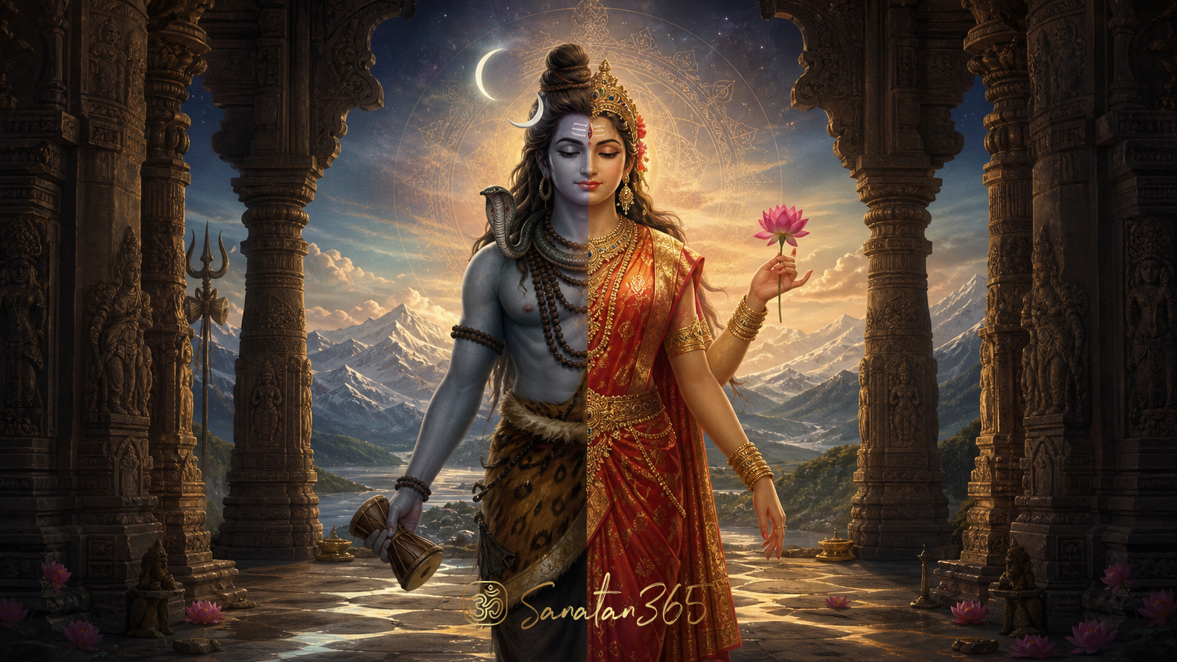 A reverent painterly depiction of Ardhanarishvara uniting Shiva and Parvati within a luminous temple setting