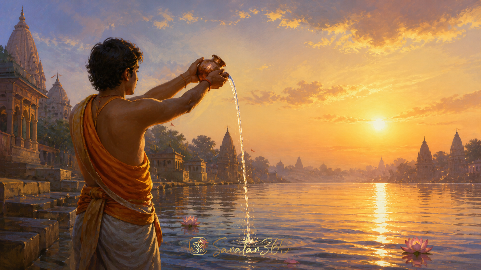 A devotee offers Arghya water from a copper vessel toward the rising sun beside a sacred river ghat