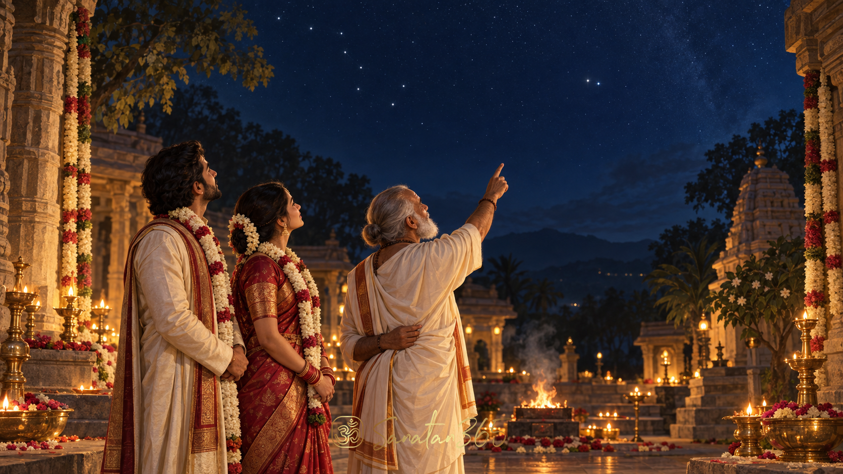 Newly married Hindu couple looking toward the close Arundhati and Vashistha stars