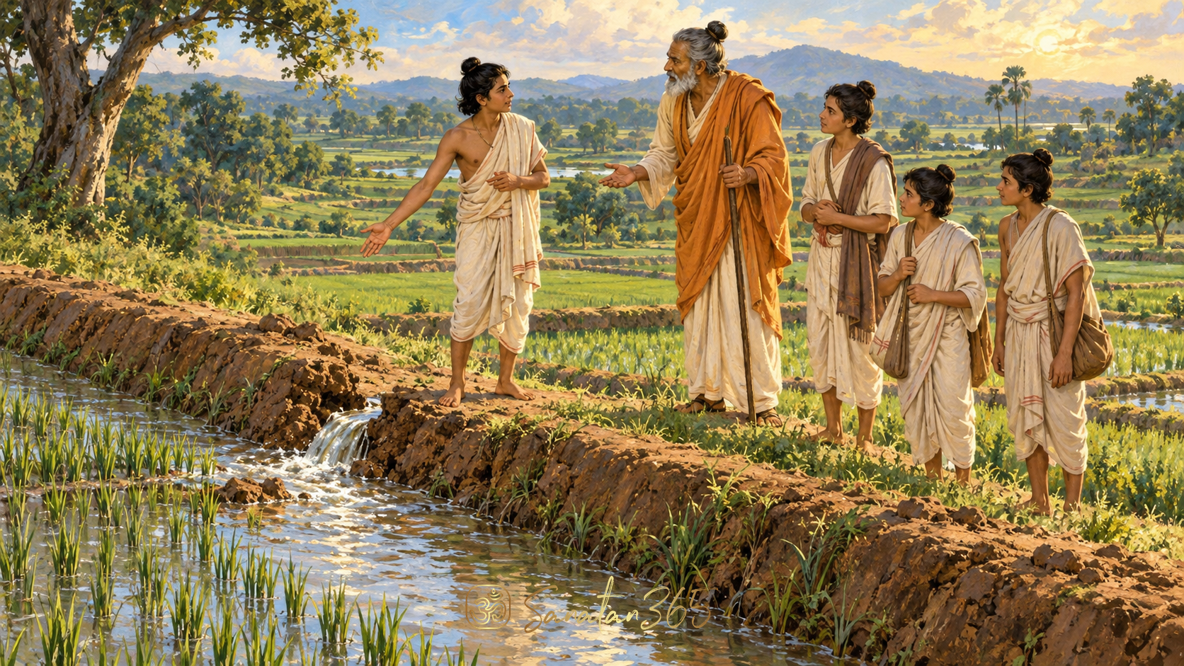 Painterly illustration of Aruni meeting Dhaumya and fellow students beside a breached irrigation channel in a cultivated field.